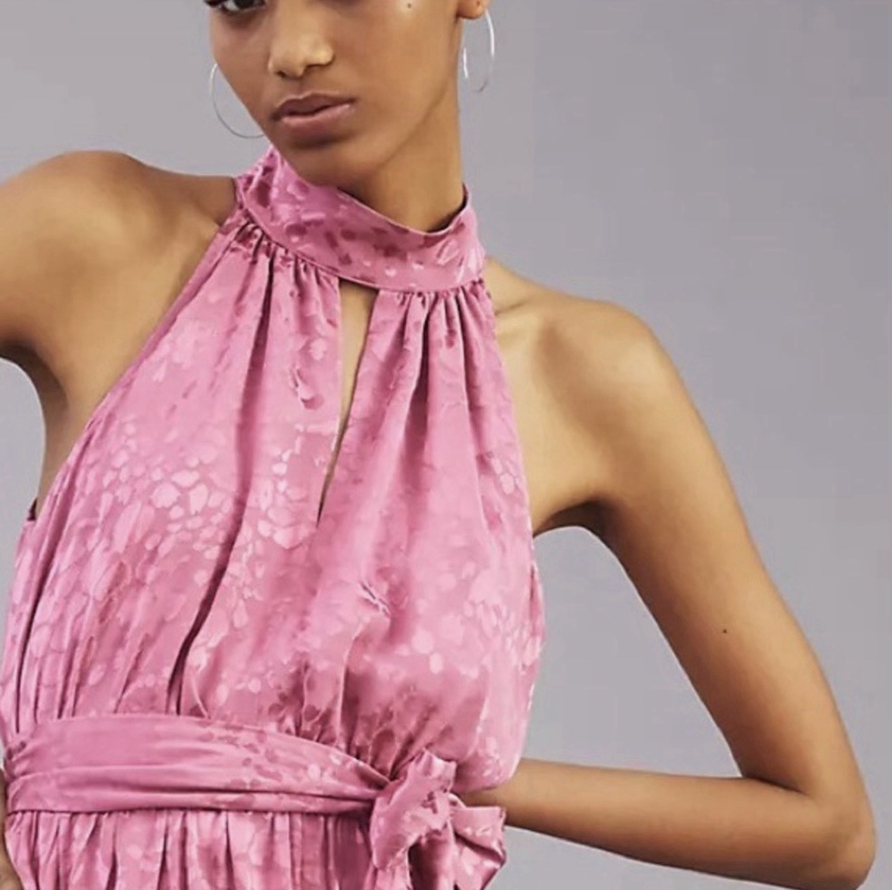 Anthropologie Rose Pink Jacquard Halter Mini Dress Small Keyhole Pockets