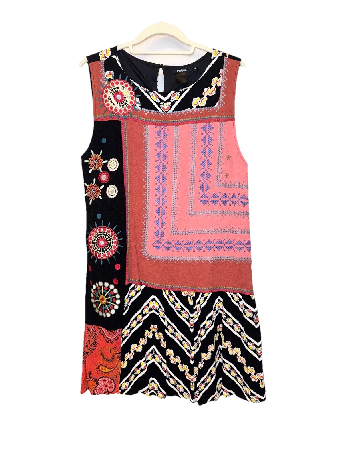 Desigual $189 Embroidered Patchwork Mixed Patterns Boho Shift Dress SIZE 44 XL