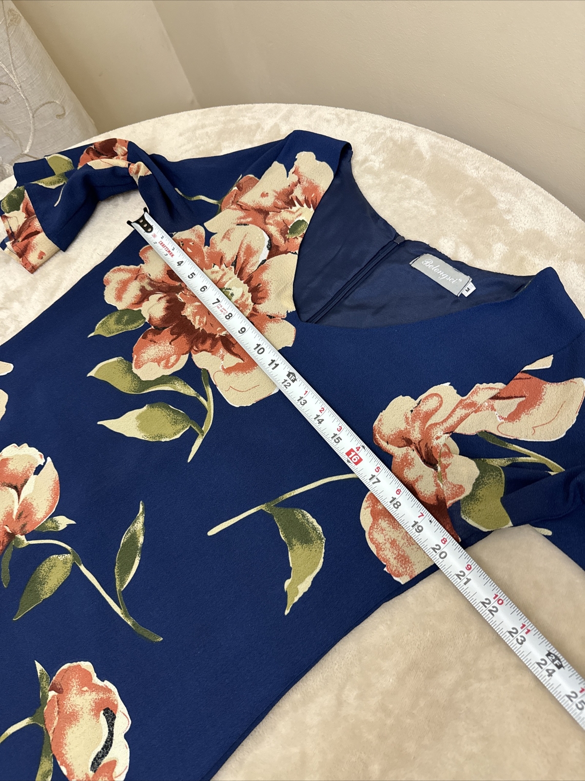 BELONGSCI Womans Navy Blue Floral FLARED SLEEVE Dress Size Medium
