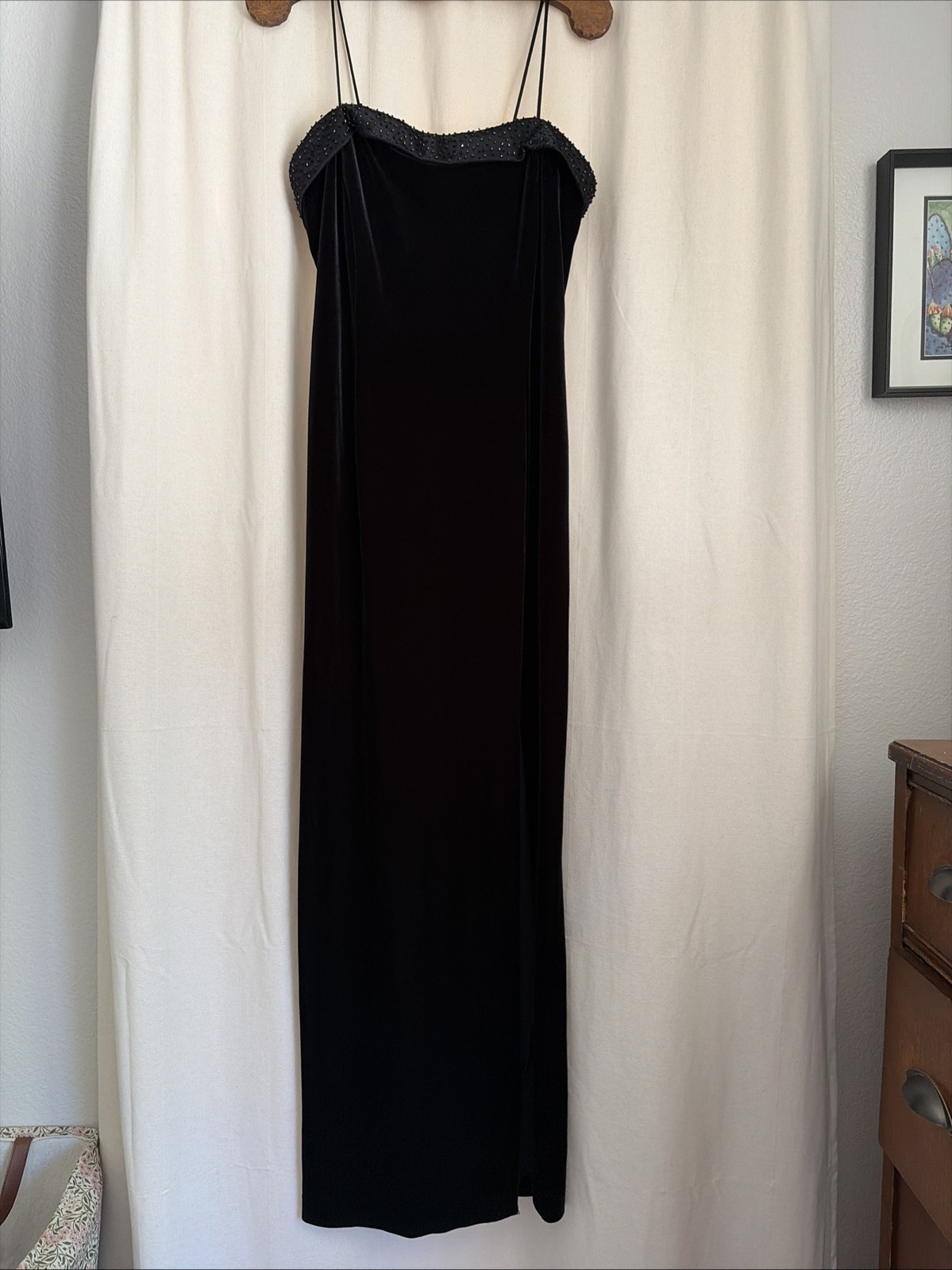 Caliendo Black Velvet Formal Long Sequined Spaghetti Strap Dress SZ12 90s Y2K