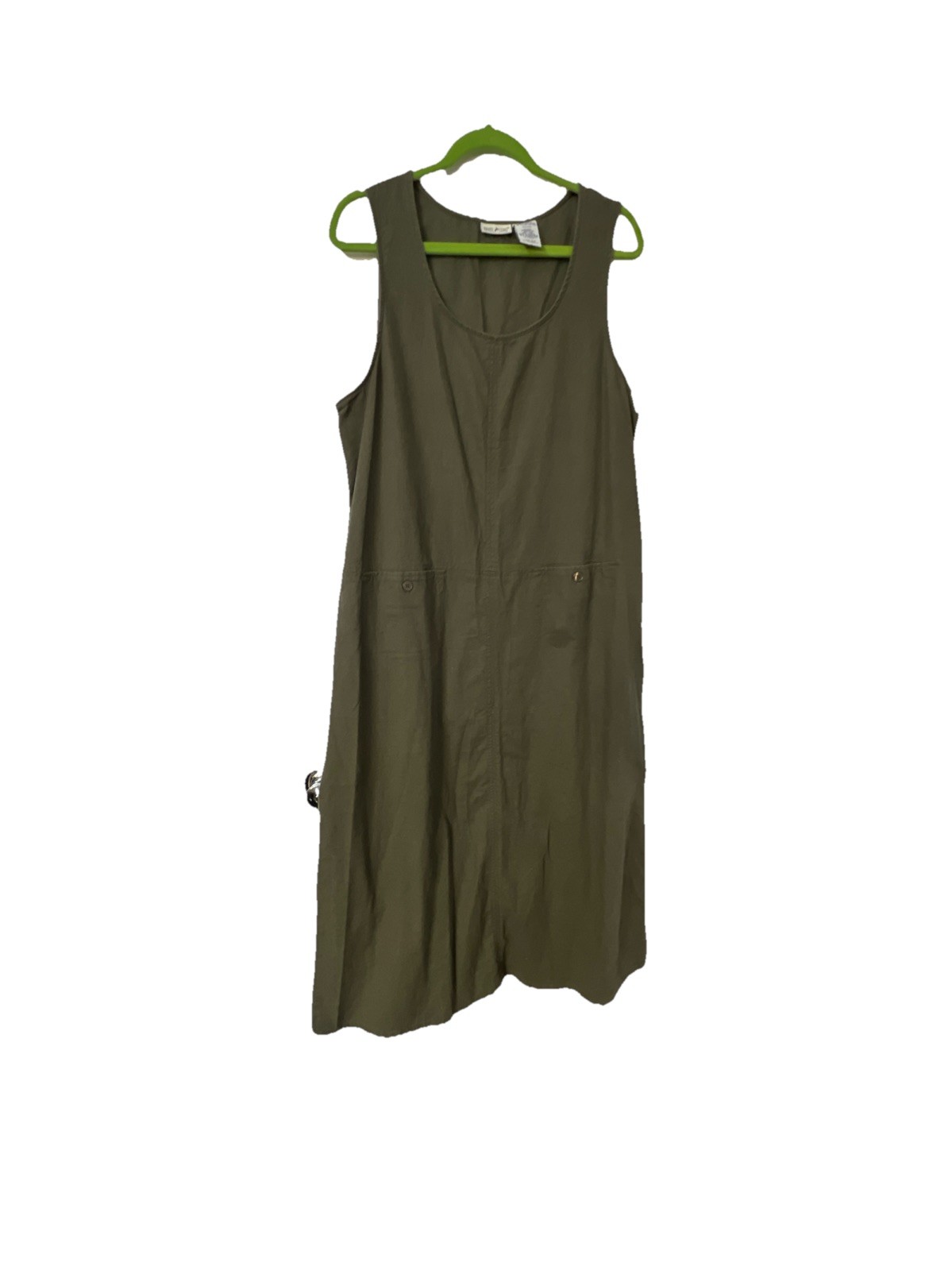 Vtg White Stag Womens Jumper Long Dress Olive Green Pockets Sz Large Linen Blend