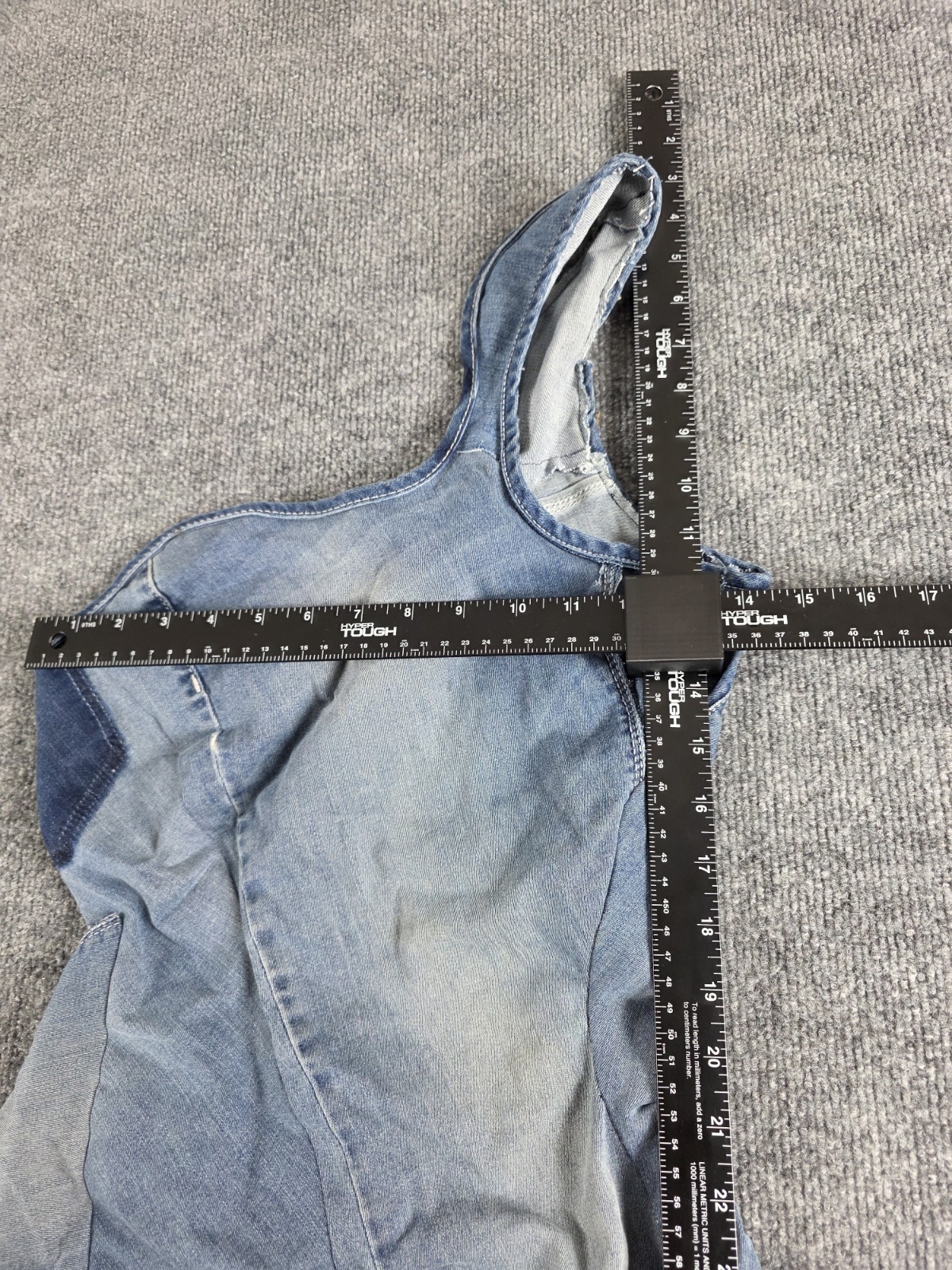 Handmade Patchwork Denim Dress Edgy Upycled Art to Wear Blue One Shoulder 32″