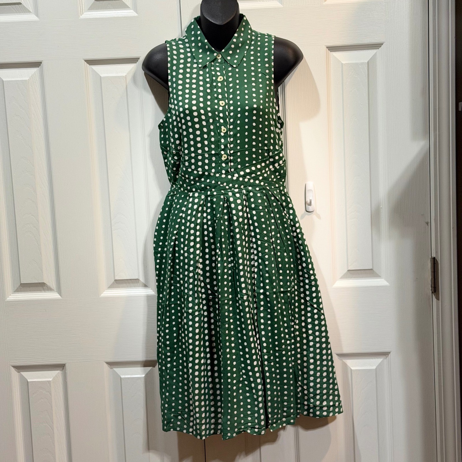 NWT 11 1 Tylho Polka Dot Green Sleeveless Shirt Dress Midi Fit Flare Size Small