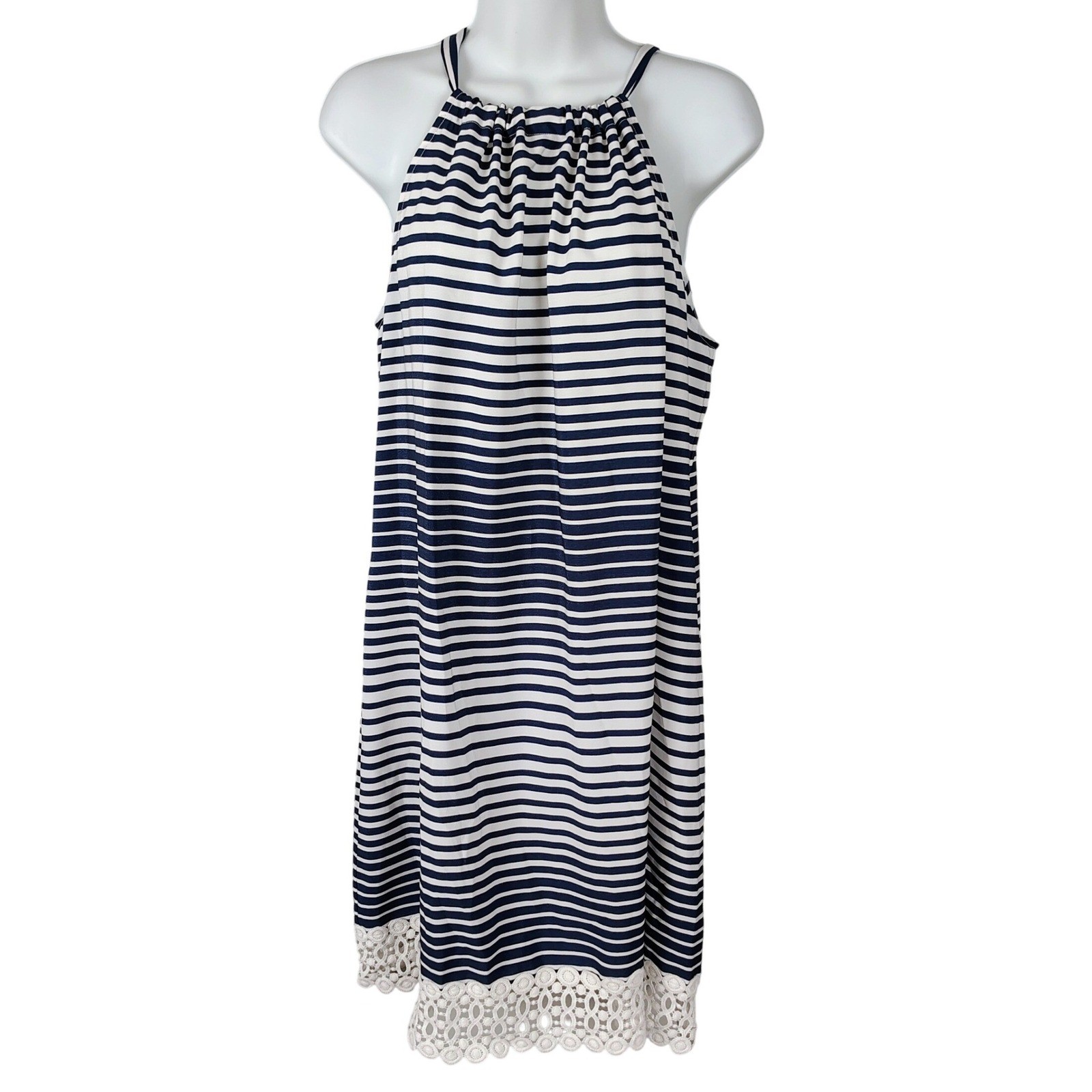 XL Blue White Striped Halter Dress Crochet Lace Hem nautical fisherman coastal
