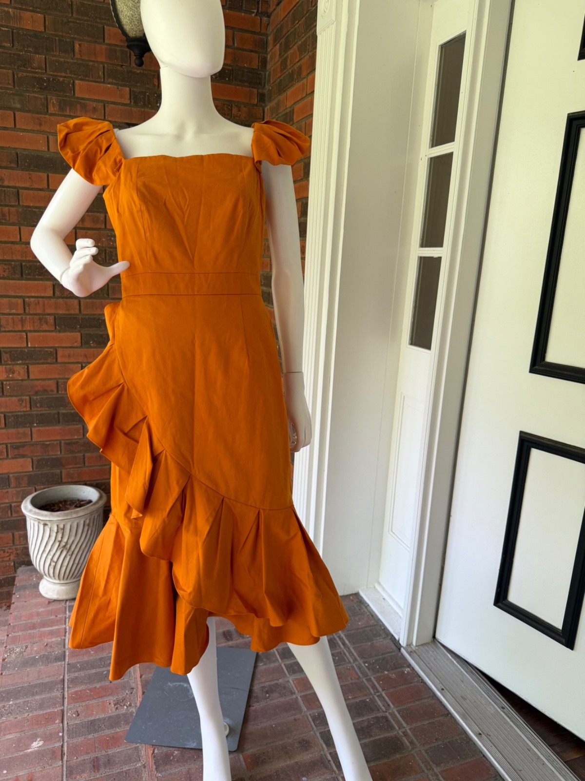 ANTONIO MELANI SIZE 6 Orange Cotton Ruffle Sleeves Asymmetrical Ruffled Front