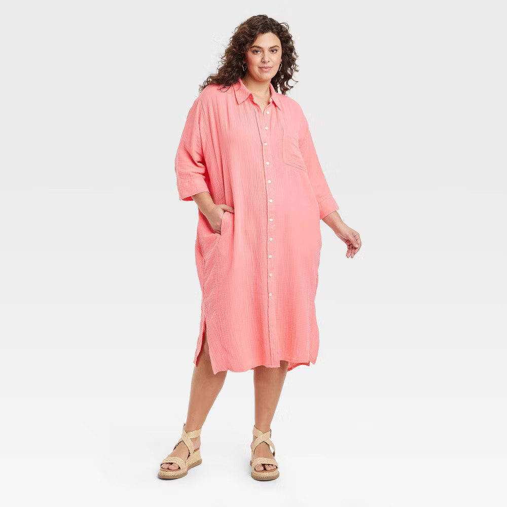 Universal Thread Women 3/4 Sleeve Midi Button Down Shirt Dress