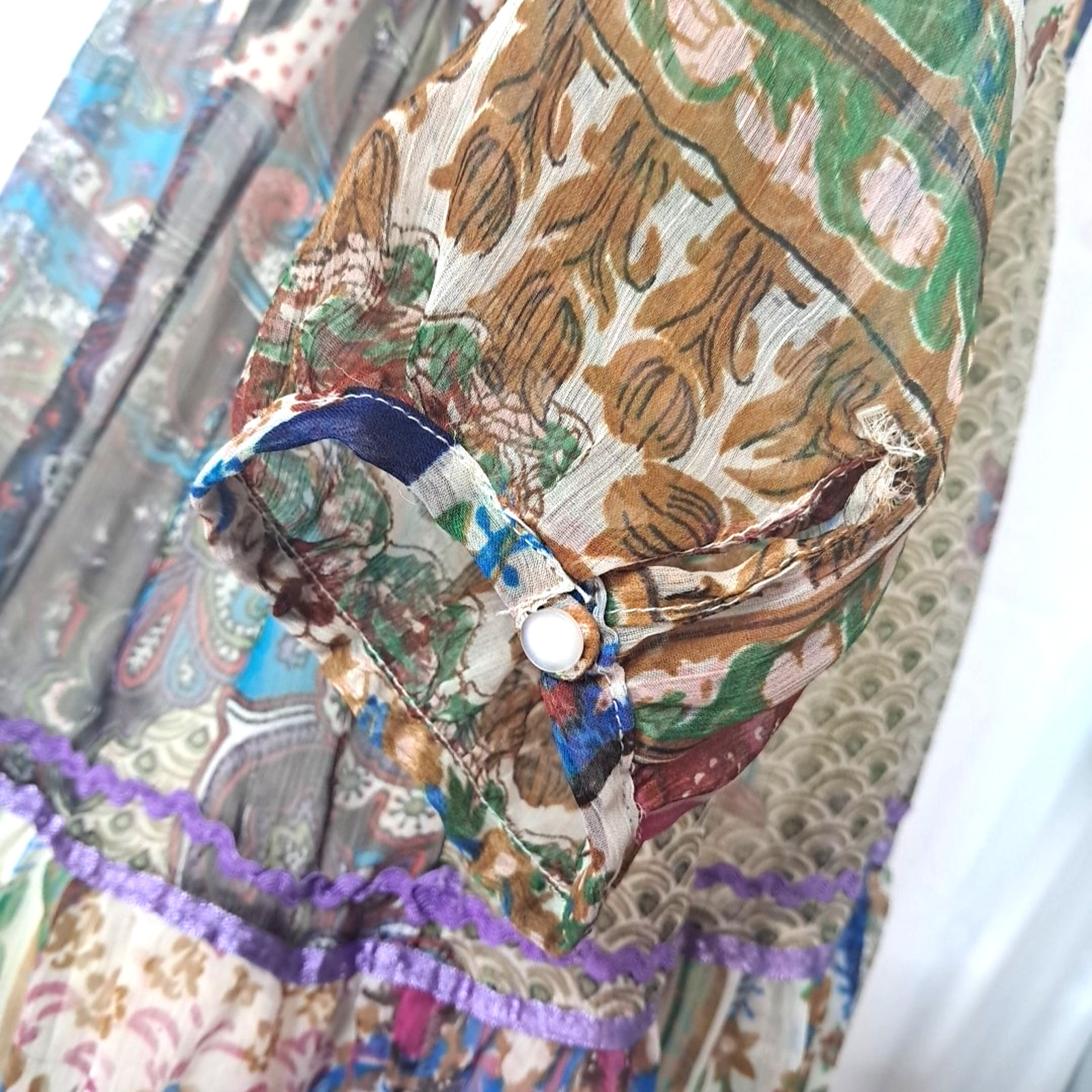 Babydoll Floral Sheer Patchwork Beaded Tiered Mini Dress Size M Purple Boho