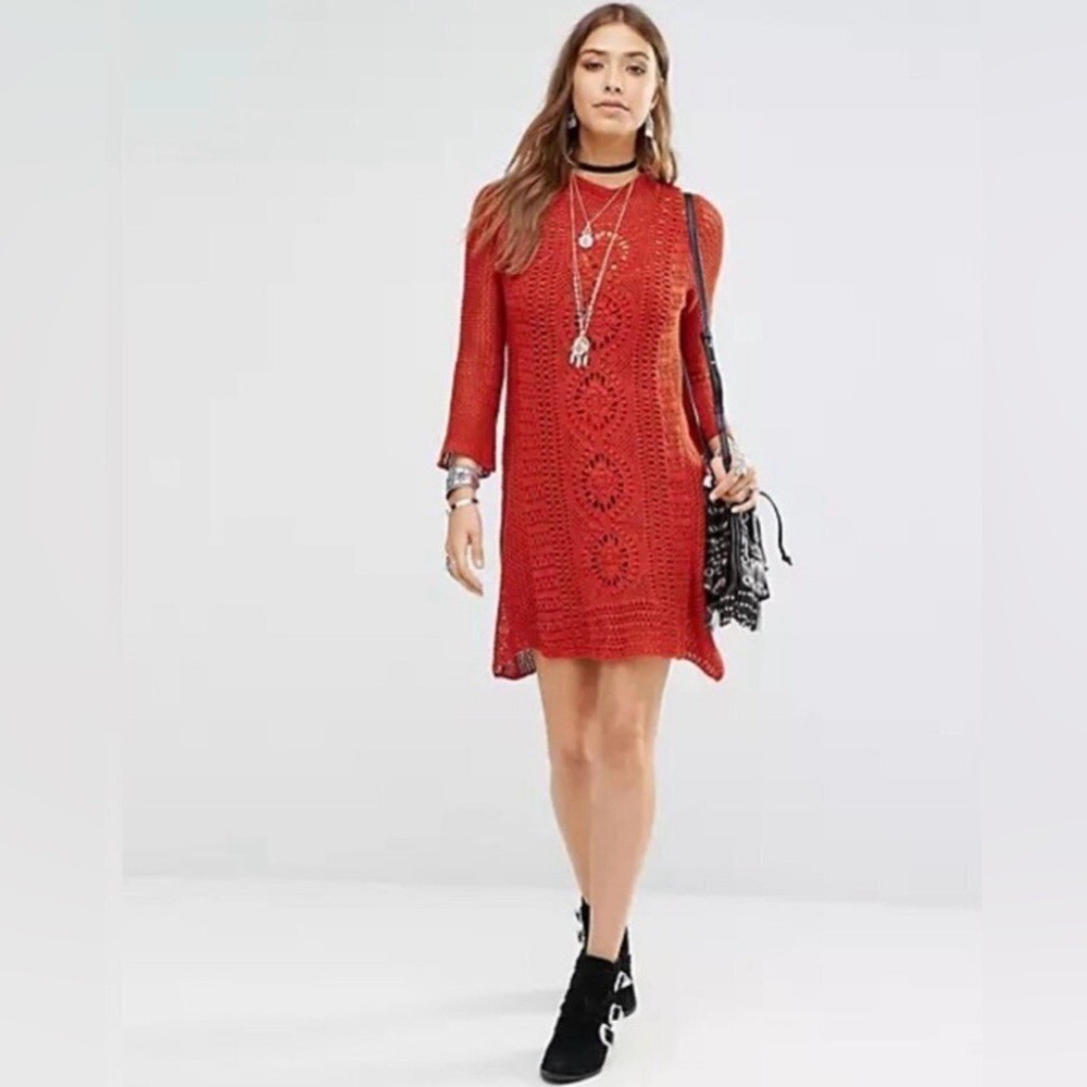 Free People Rosalind Burnt Orange Crochet Long Bell Sleeve Dress NWOT Large