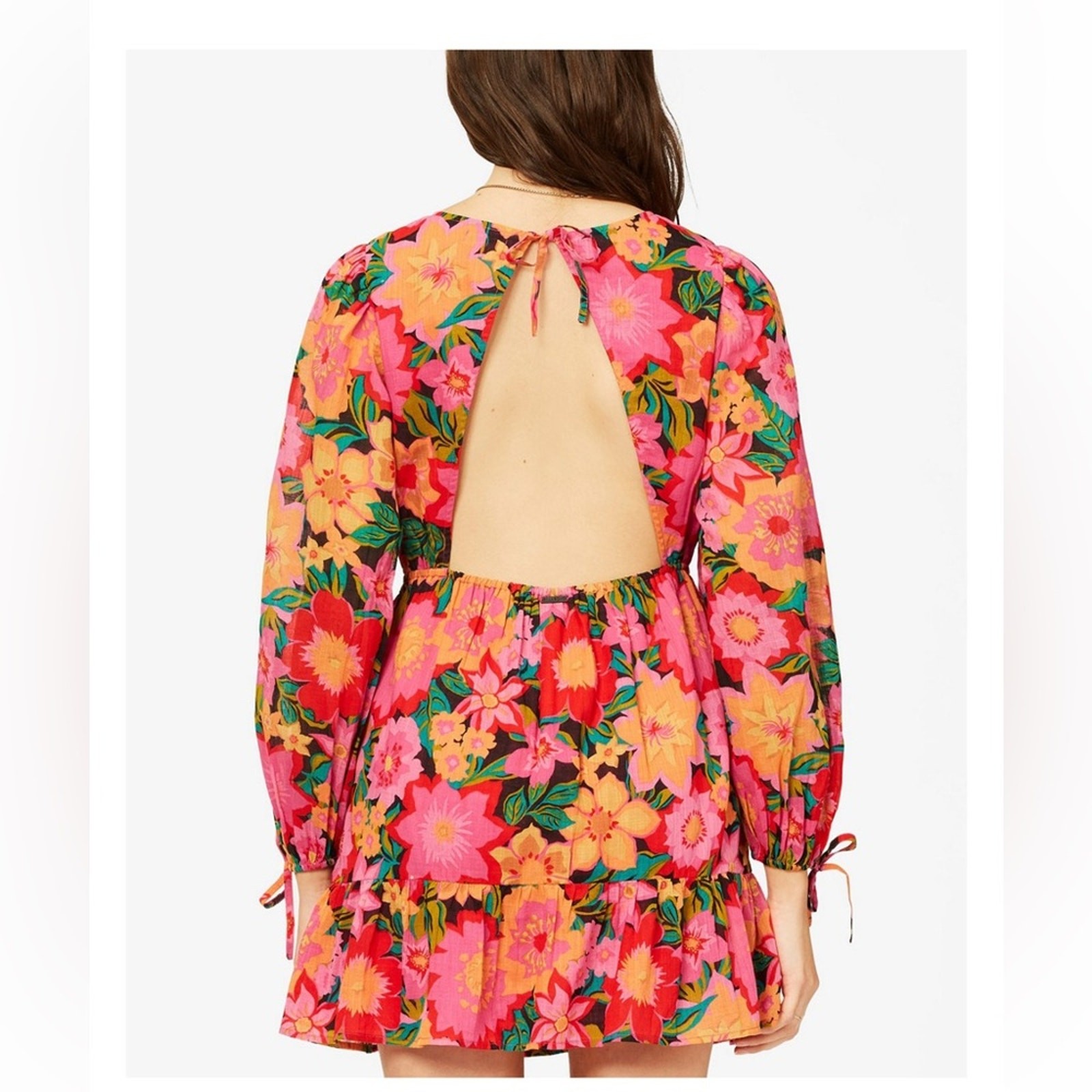 NWT Billabong Heaven Sent Floral Open Back Mini Dress Long Blouson Sleeve S $80