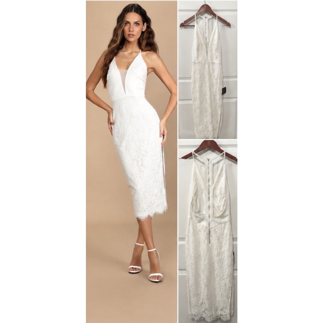 Lulu’s Romantic Message White Lace Midi Dress XS Bridal Shower Wedding NWT