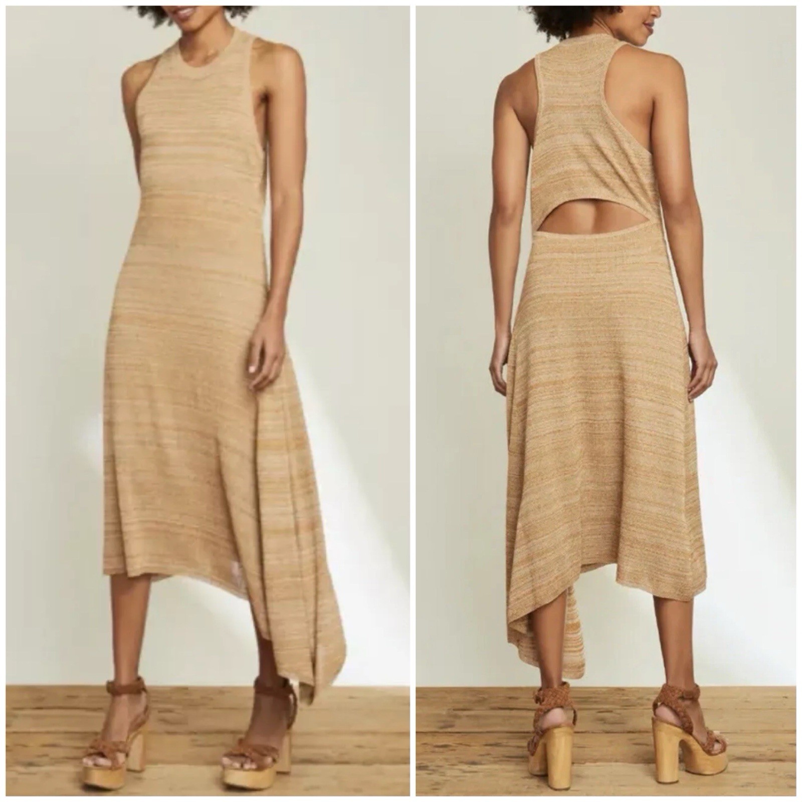 NWT Veronica Beard Raeena Knit Tan Gold Asymmetrical Cutout Midi Dress Medium