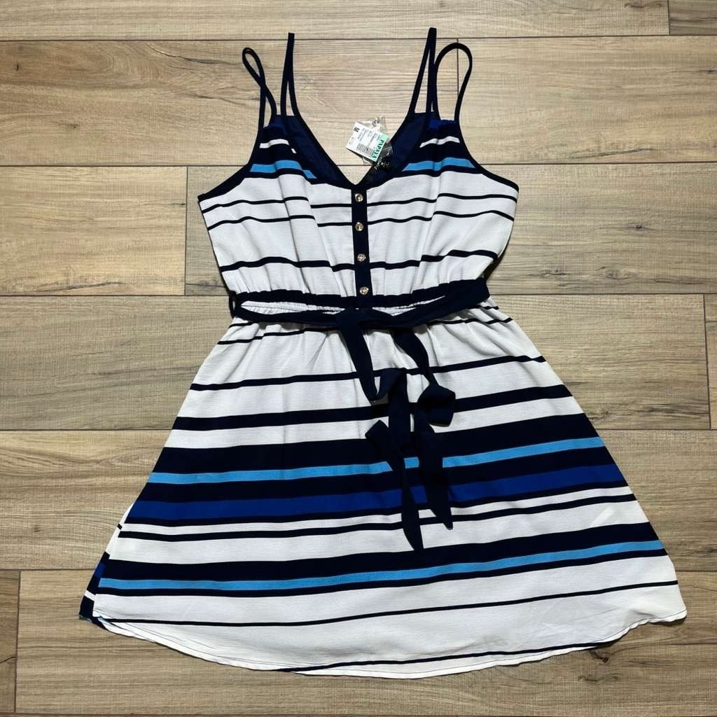Papaya Womens Double Strap Lined Belted Mini Dress Size Medium White Blue