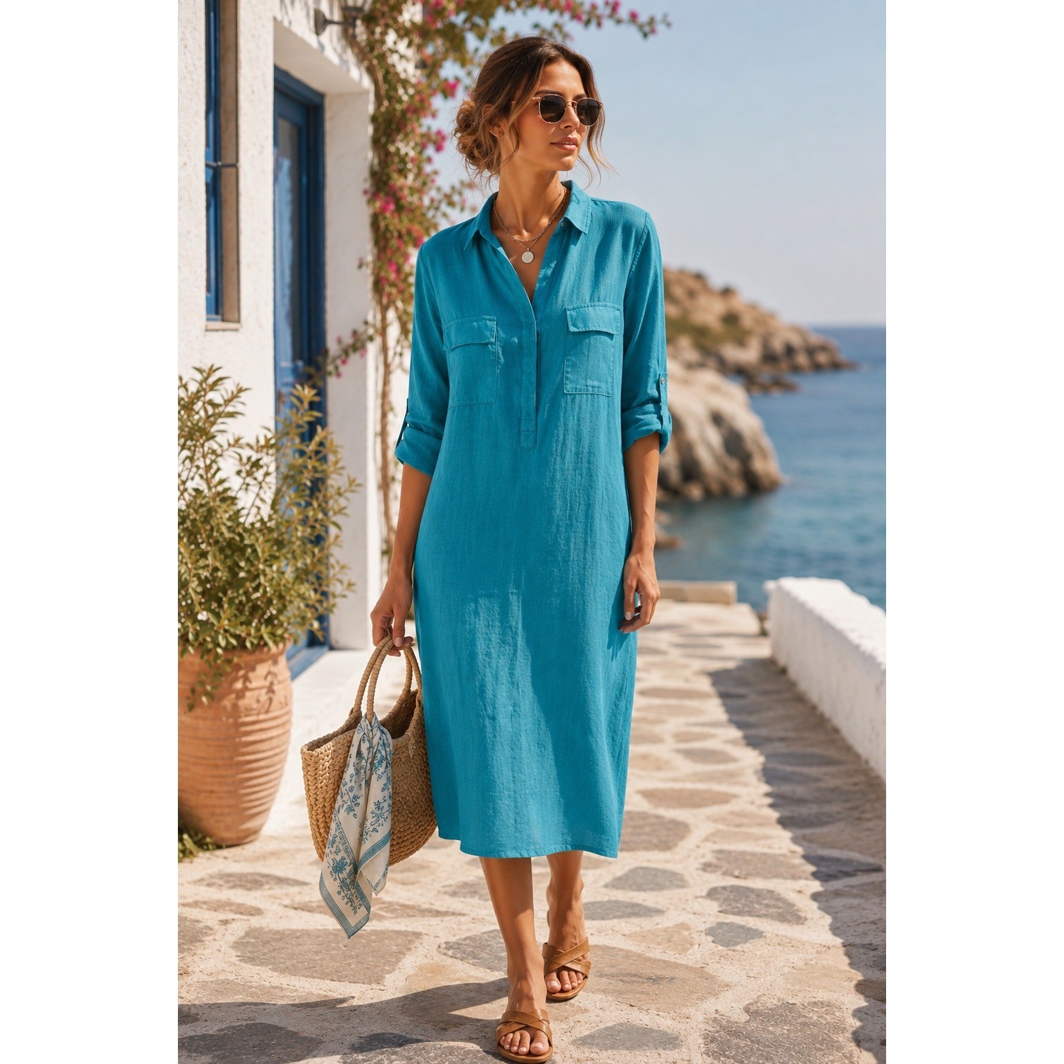 Tommy Bahama Linen Tunic Dress Turquoise Blue Roll Tab Sleeve Boho Coastal S/P