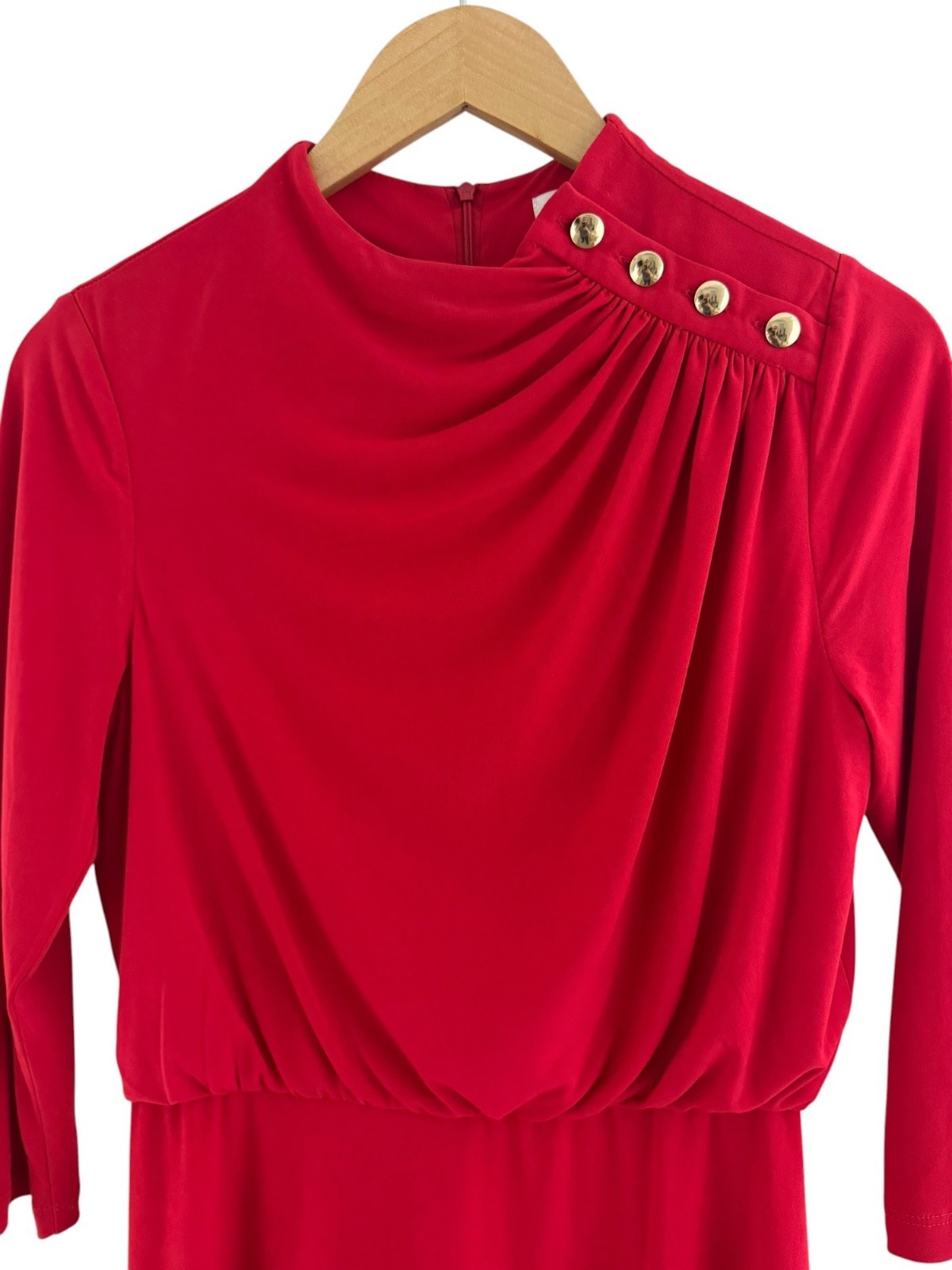 London Times Red Gold Buttons Blouson Midi Dress Size 6 Stretch All-Season