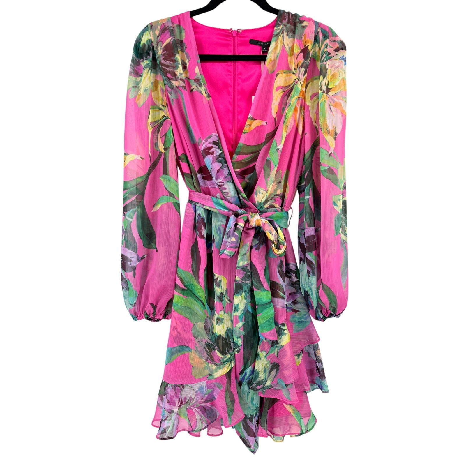 Alex Marie Laurel Chiffon Floral Wrap Dress Pink Fandango Womens Size 4 Belted