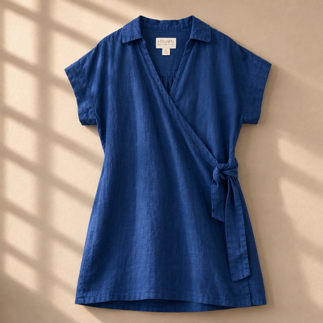 Haven Well Within Wrap Dress Women’s M Navy Blue 100% Linen Short Sleeve Tie