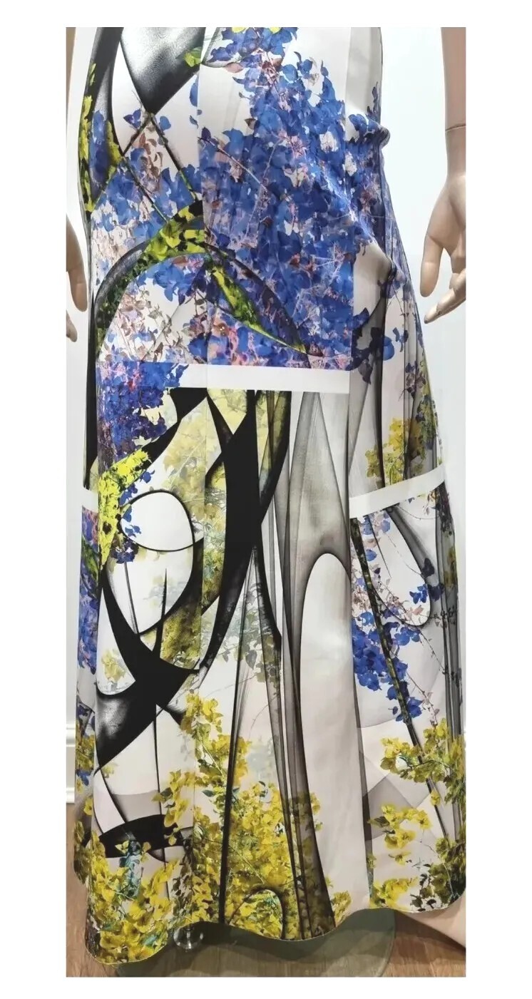 CLOVER CANYON Neoprene Scuba White Black Blue Lime Geo Print A-Line Maxi Dress M