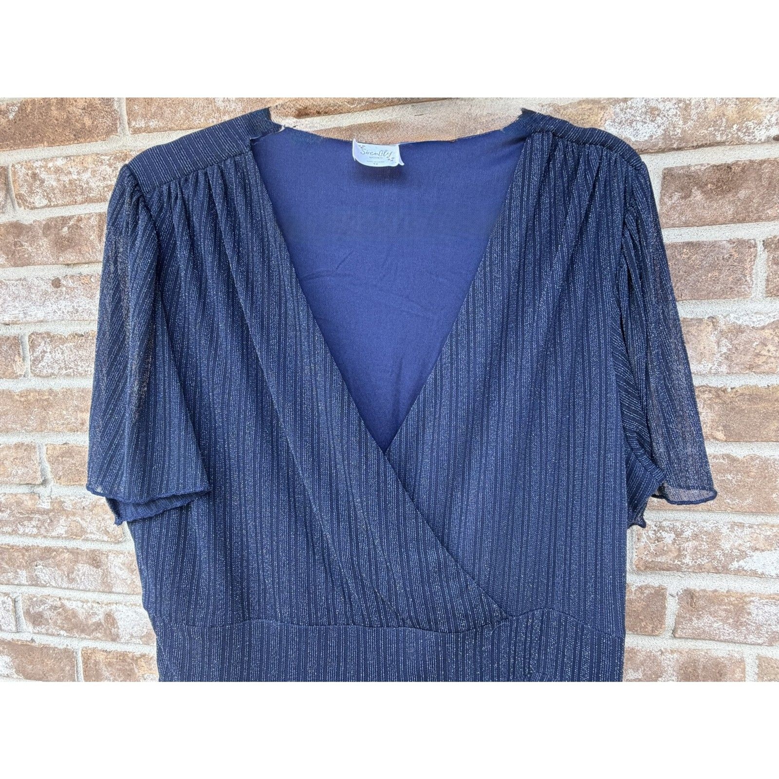 Siren Lily Navy Metallic Stripe Tiered Midi Dress Size 1X Plus