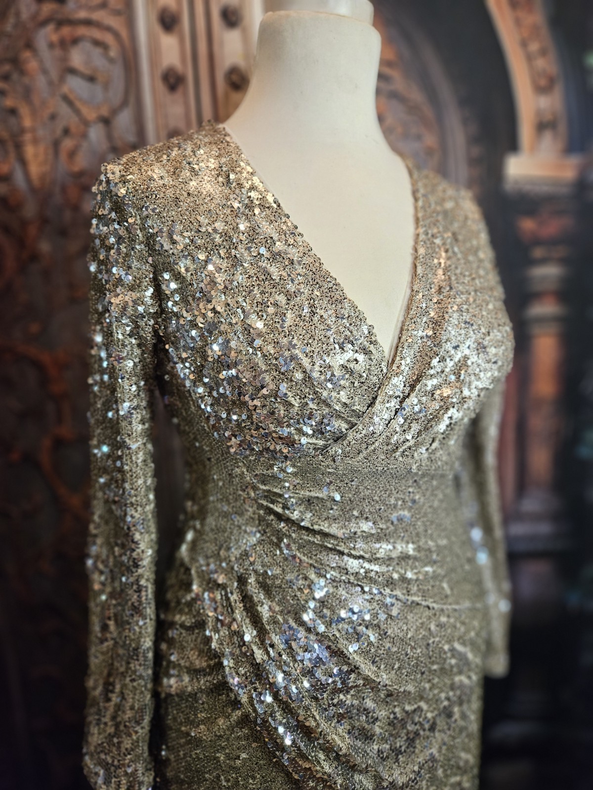 TFNC SARALEE MIDI Gold Silver Sequin Faux Wrap Dress Red Carpet UK 12 USA 8
