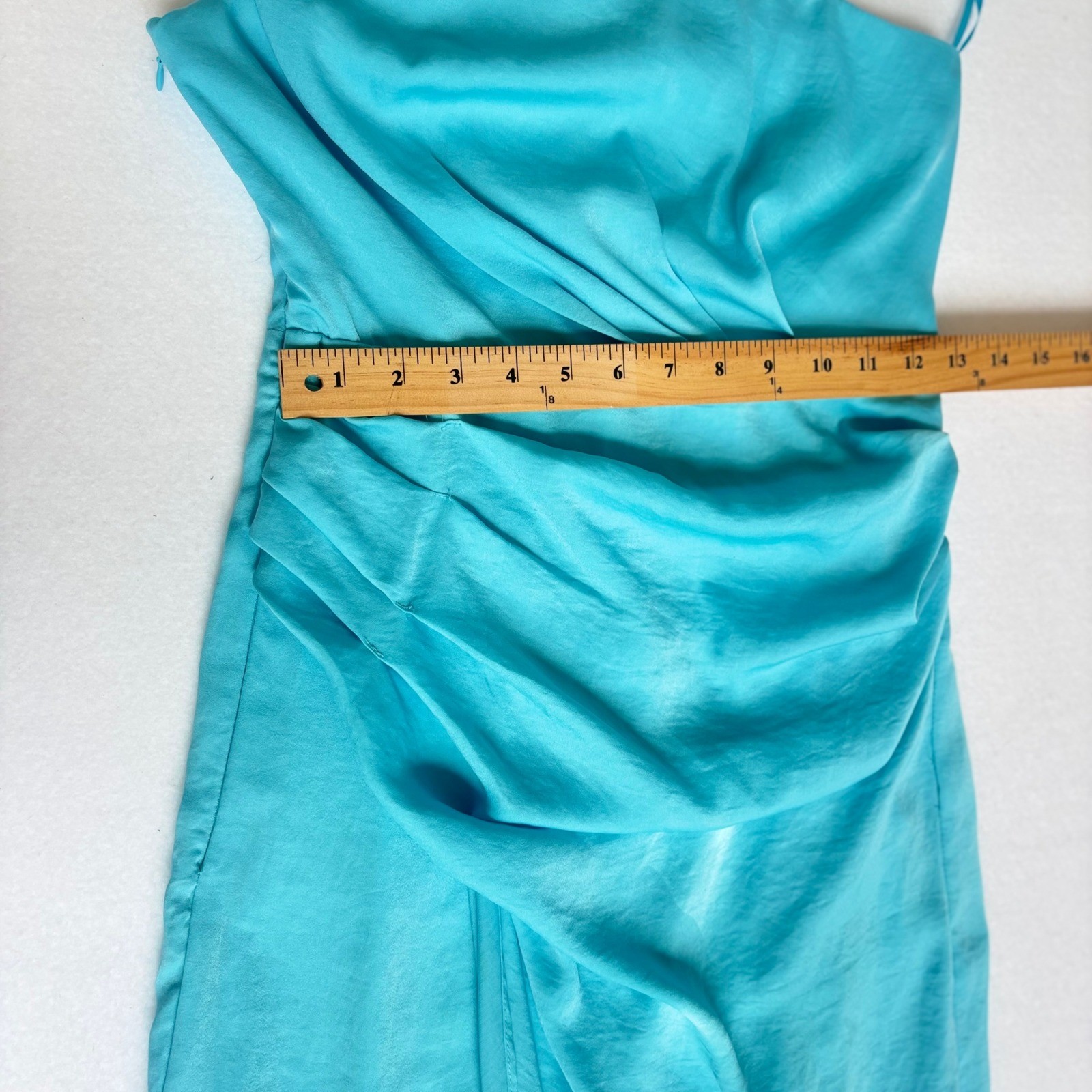 DO+BE Turquoise Blue One Shoulder Draped Ruched Tulip Midi Dress Sz Small NWT