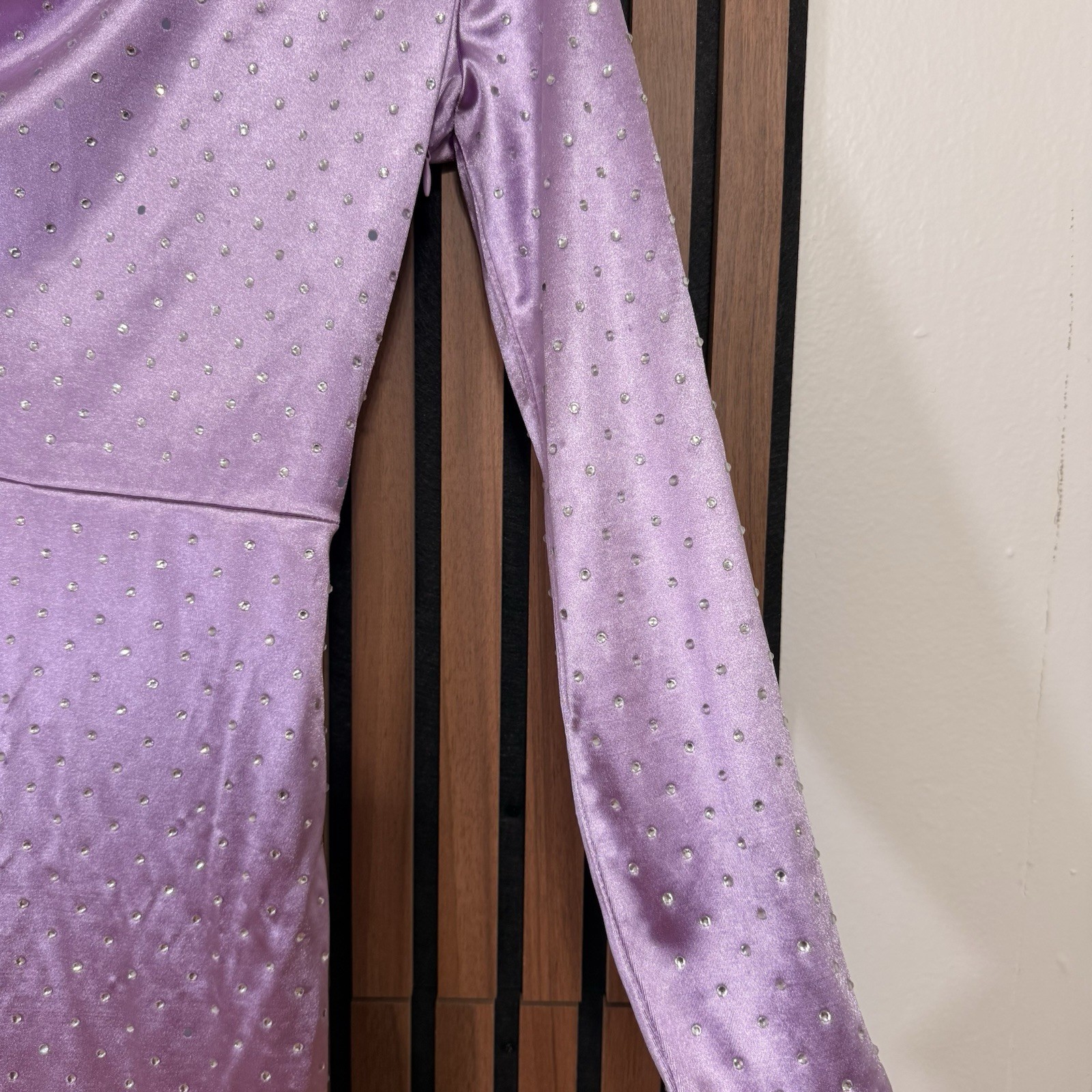 Maje Purple Satin One Shoulder Ruched Rhinestone Mini Dress Zip Long Sleeve 34