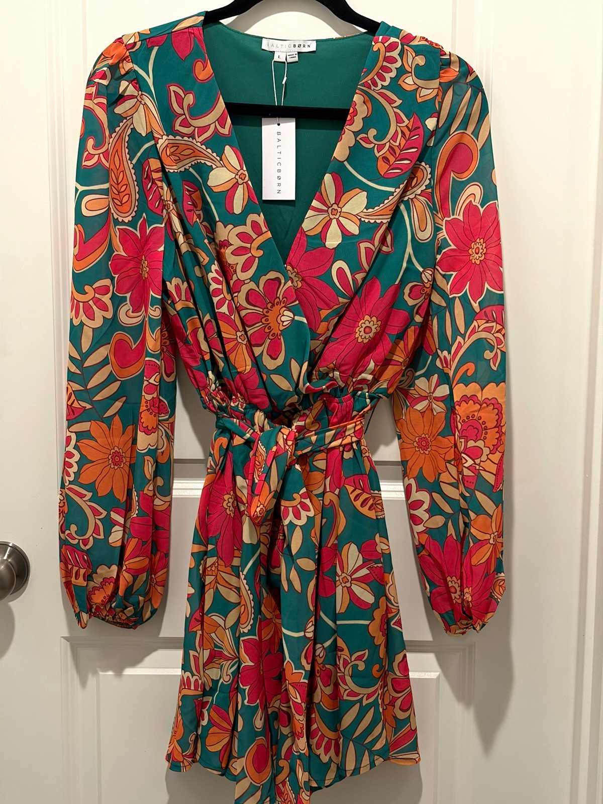 Baltic Born Wesley Floral Wrap Mini Dress Tie Belt Long Sleeve Women’s L Green