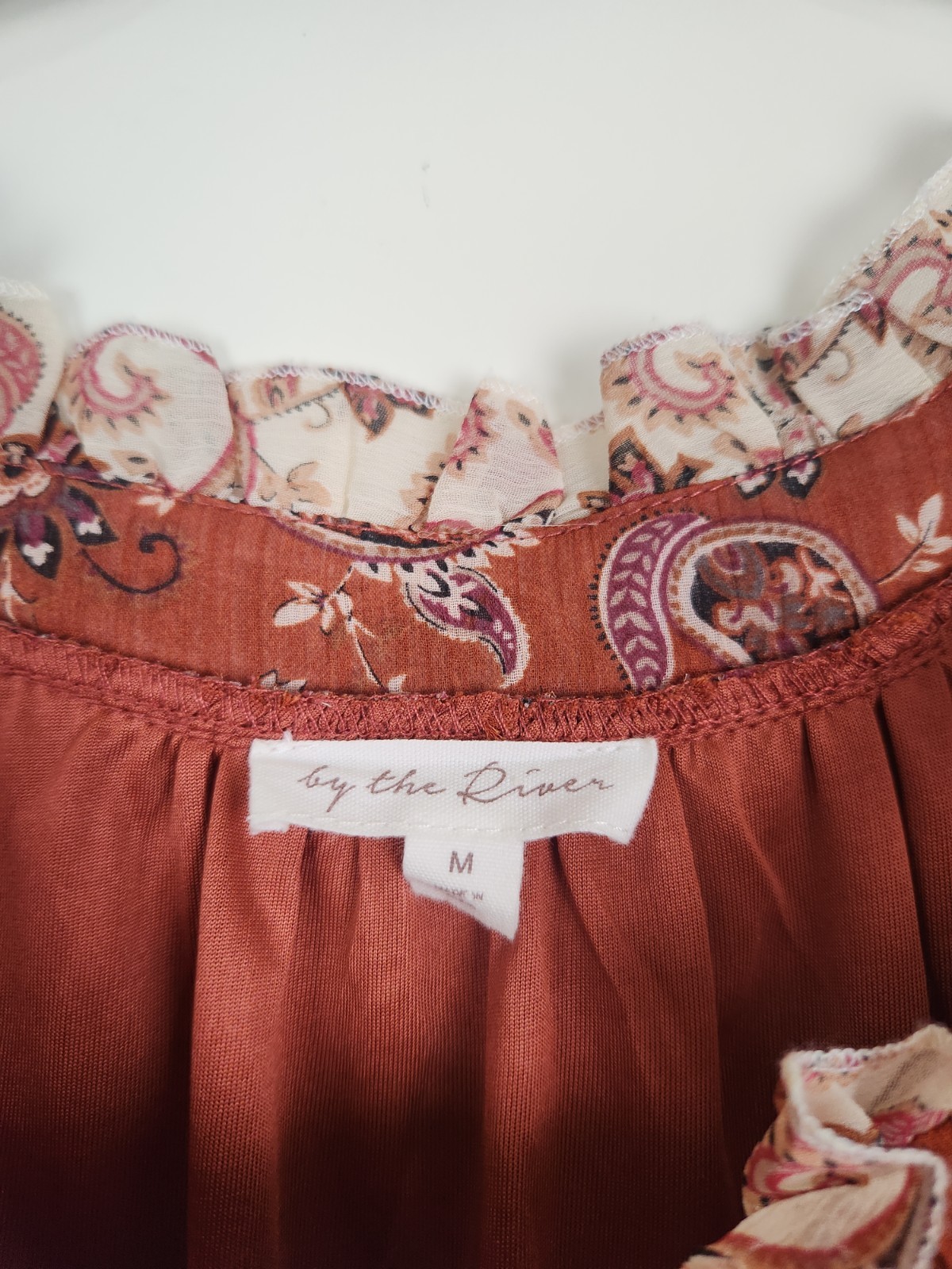 By The River Size M Rust Brown Paisley Floral Elastic Waist Boho Ruffle Dress