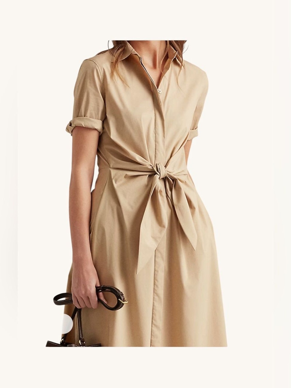 Ralph Lauren Beige Birch Tan Point Collar Shirt-Dress Tie Waist Minimalist 12P