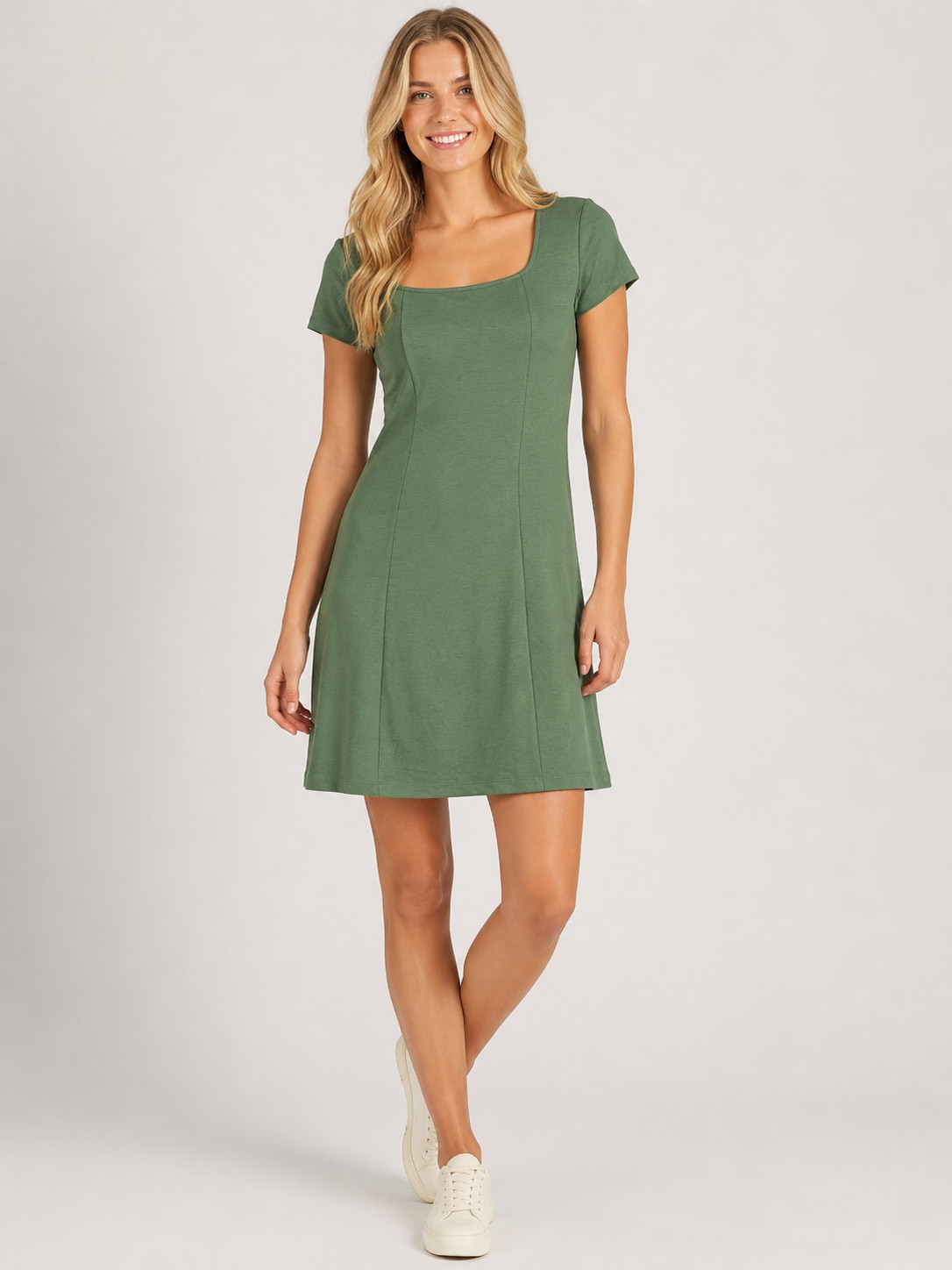 MONTGOMERY POST Dress Womens Medium Petite Olive Square Neck Fitted Scuba MP