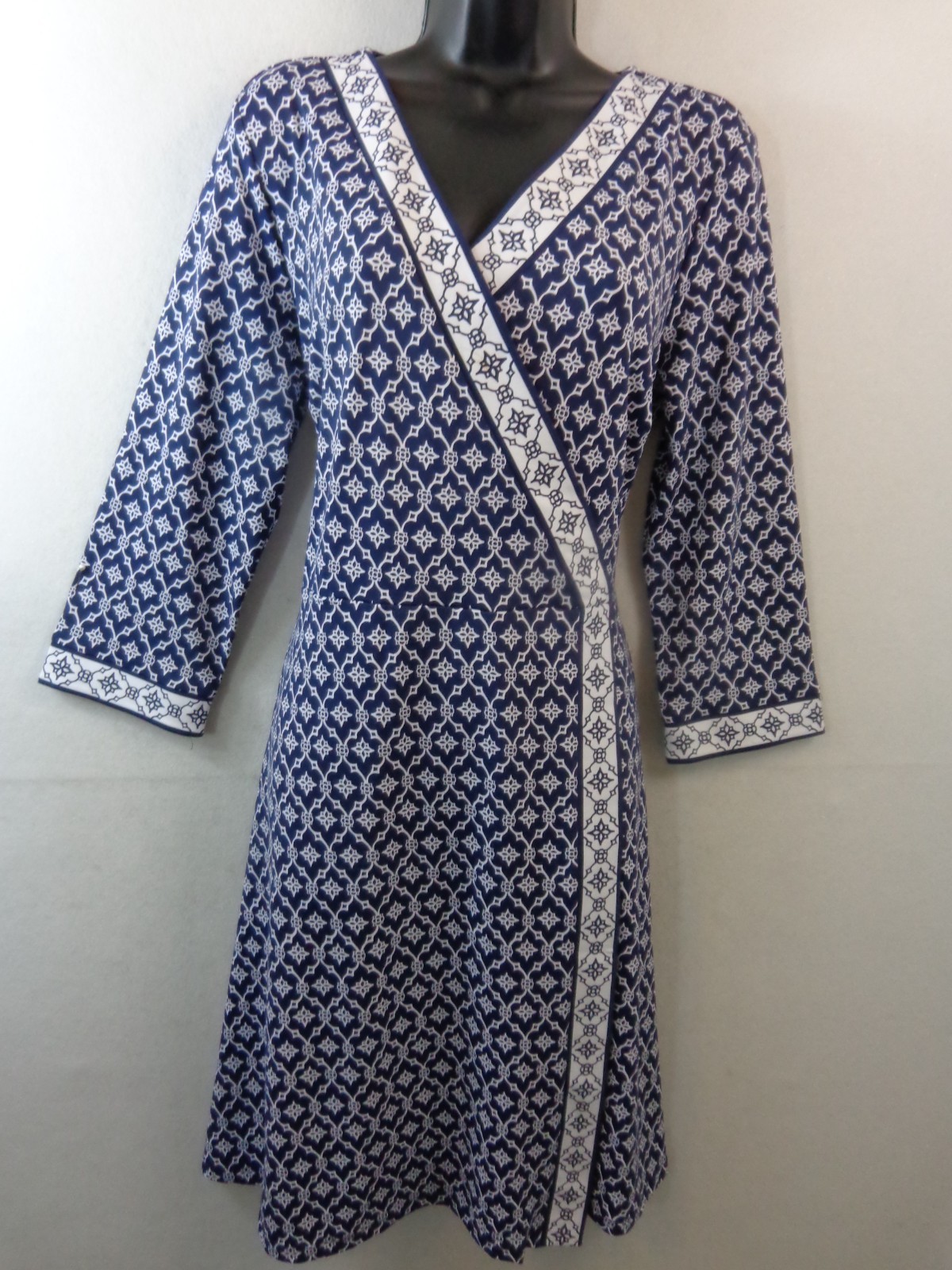 Talbots Dress Women’s L Blue White Kimono Style 3/4 Sleeve V Neck