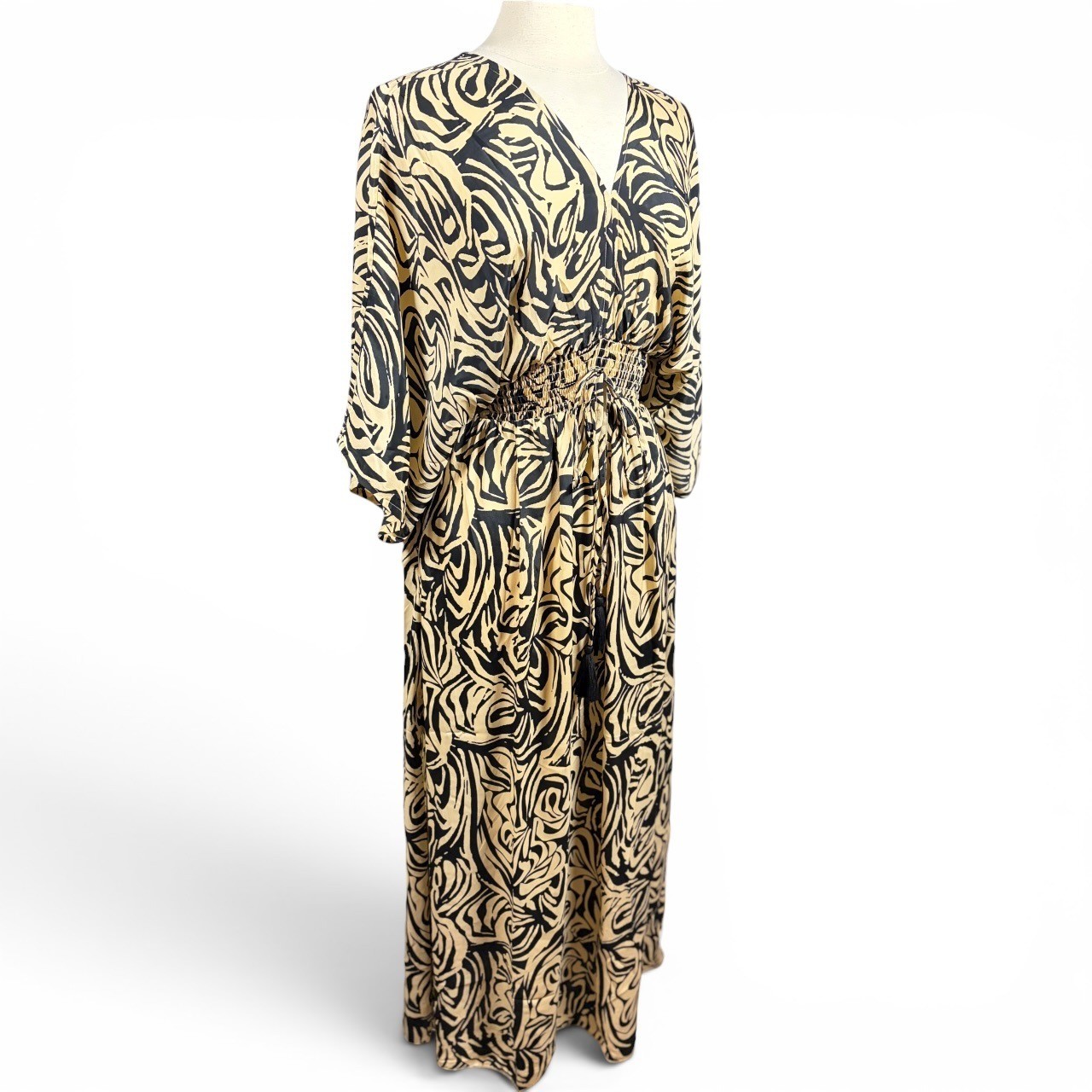 NWT WHITE WAVES 100% Silk Kimono Sleeve Beach Boho Maxi Dress, L/XL