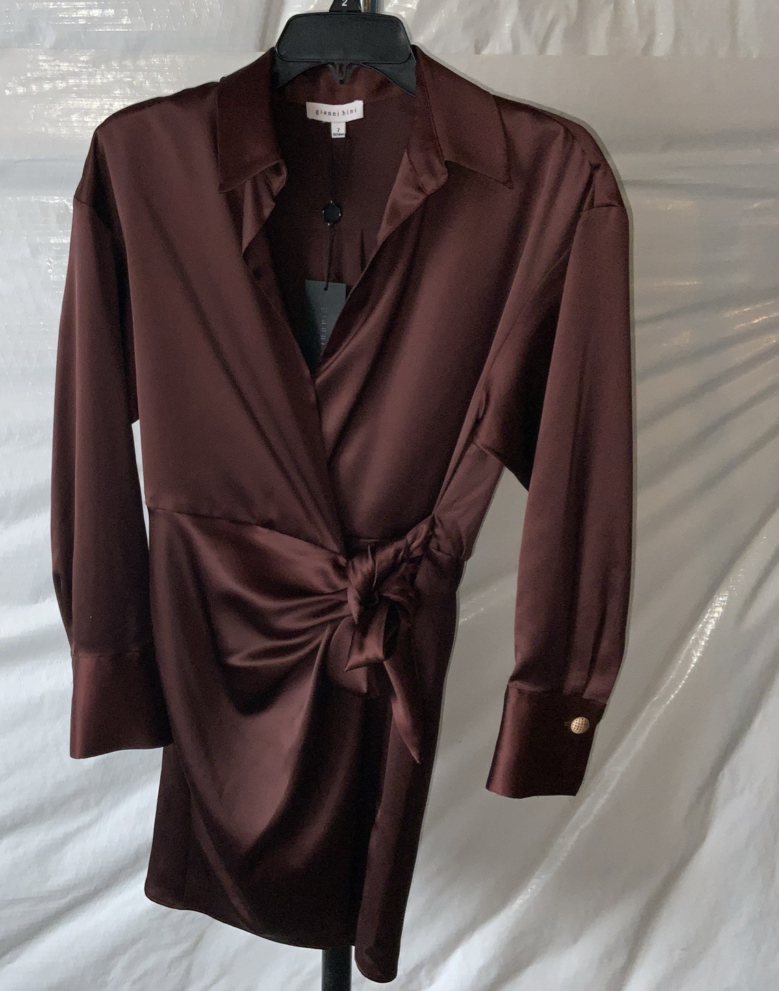 Gianni Bini Women’s Avery Long Sleeve Satin Faux Wrap Dress Brown SZ 2 NWT!