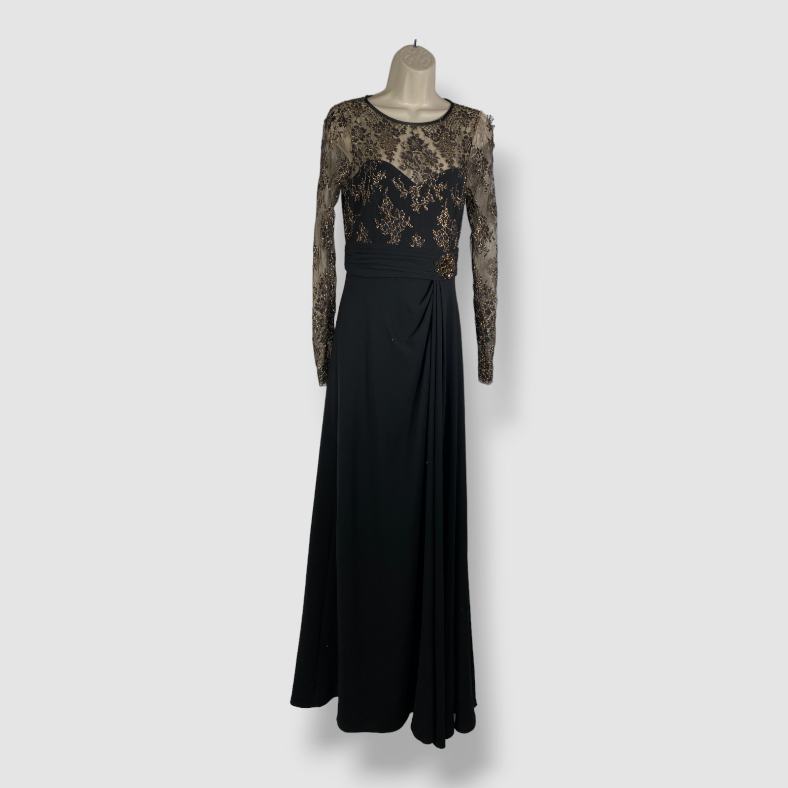 $2590 Theia Women’s Black Long Sleeve Illusion Bodice Column Gown Dress Size 2