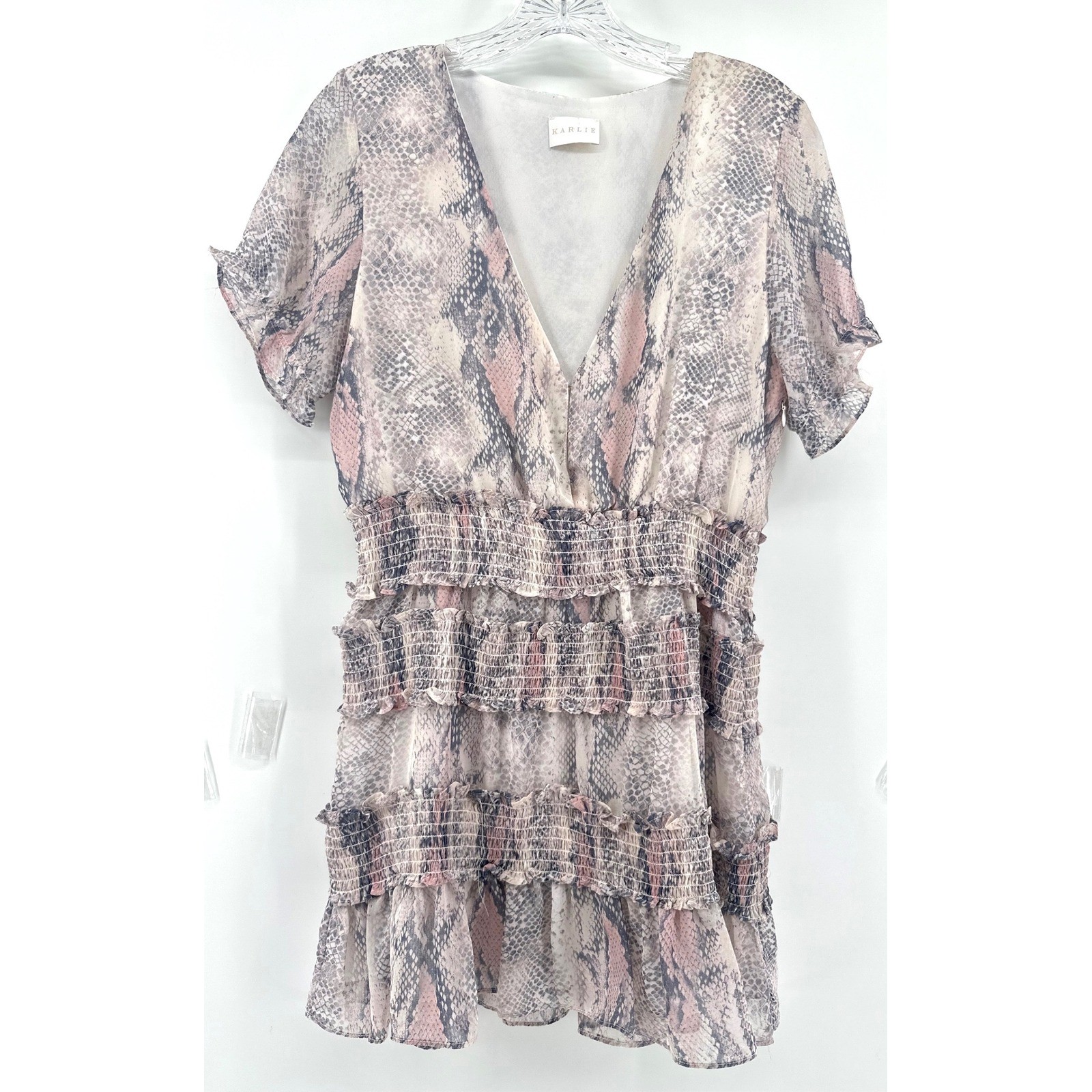Karlie Pink Snakeskin Smocked Tiered Ruffle Mini Dress Womens Medium HOCO Party