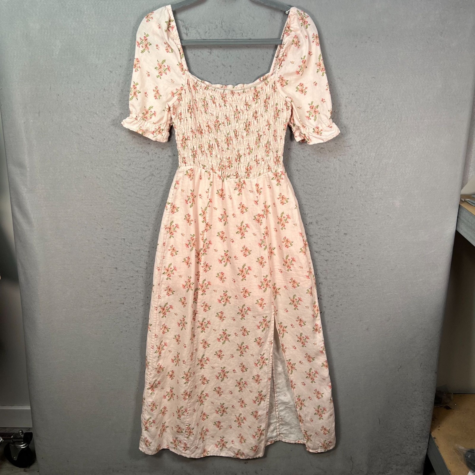 & Other Stories Pink Floral Smocked Midi Dress Puff Sleeves 100% Linen