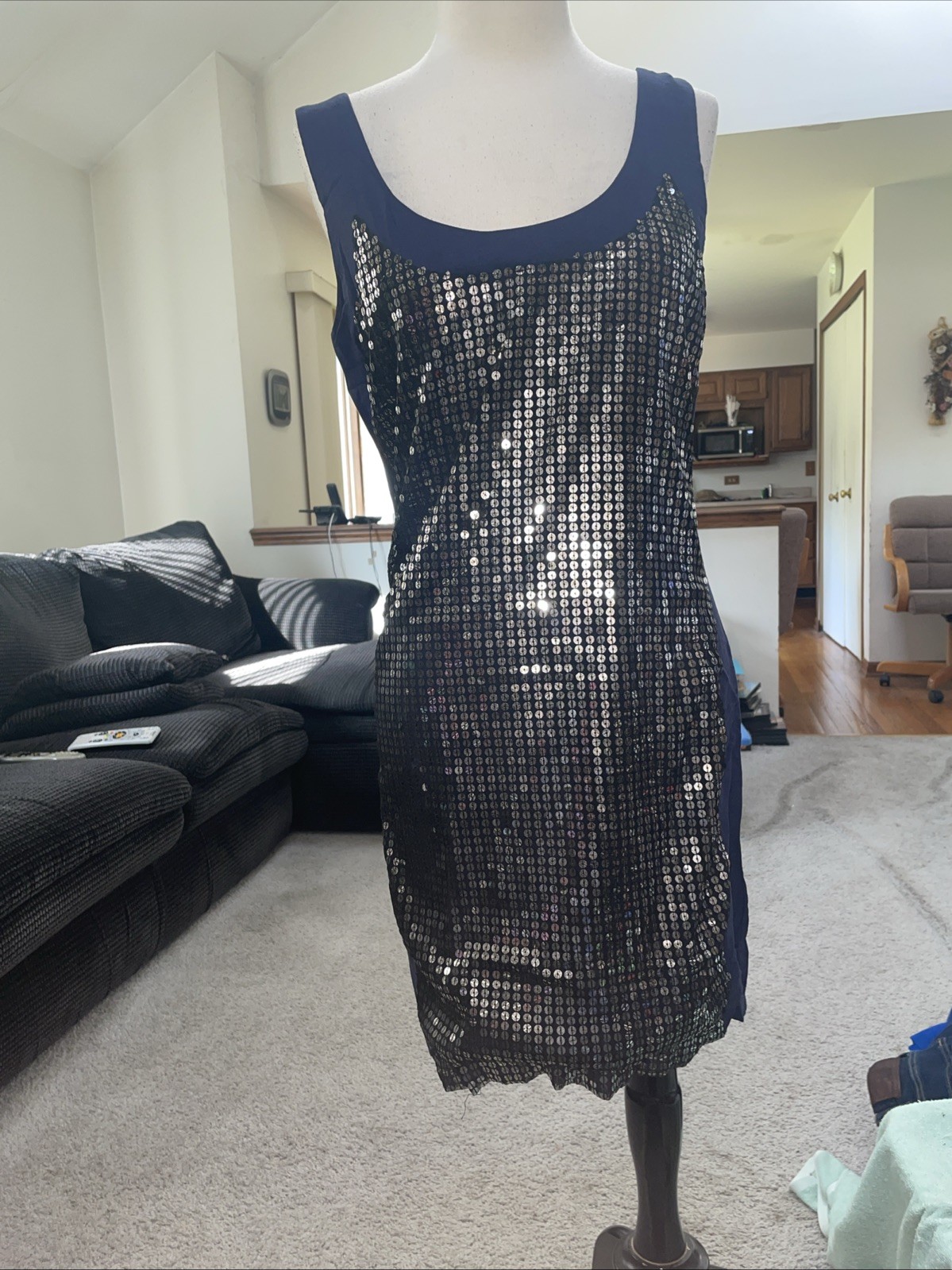 French Connection Navy Blue Sequin Front Exposed Zipper Back Dress Size Medium