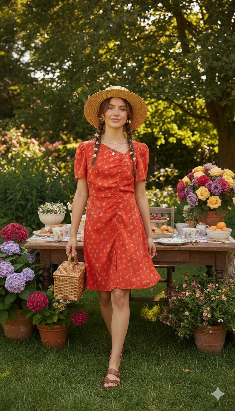 Love Whit Dress XS Red Rose Ruched Puff Sleeve Midi Cottagecore Fairy Spring