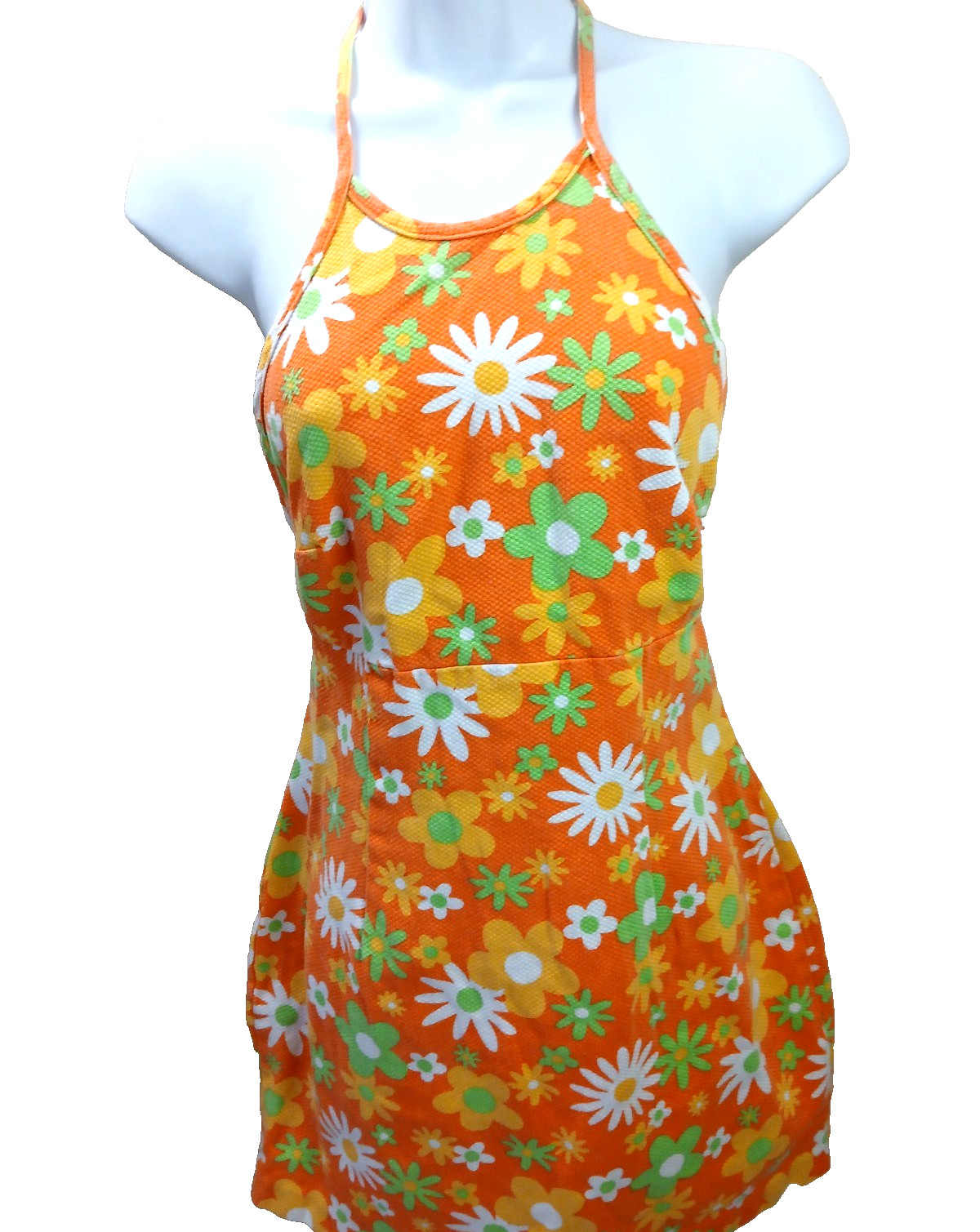 Vintage Hippie Floral Halter Top Dress Orange White Green Flowers Size Medium