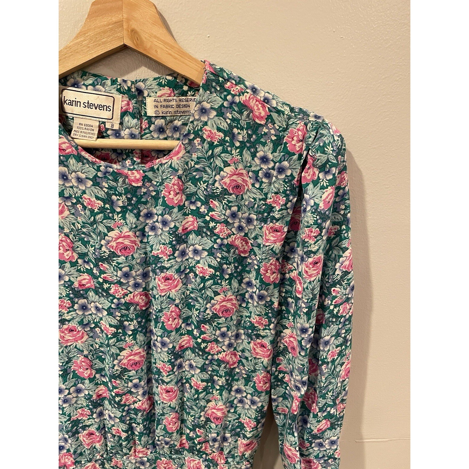 Vintage 80’s Karin Stevens Dress Size 8 Green Floral Cottagecore Retro Prairie