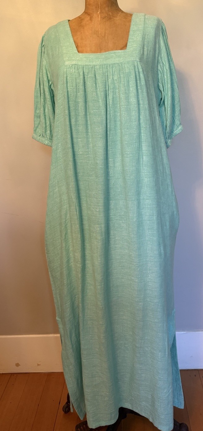 Never A Wallflower Square Neck Aqua Blue Maxi Muumuu Dress Pockets Side Slits S