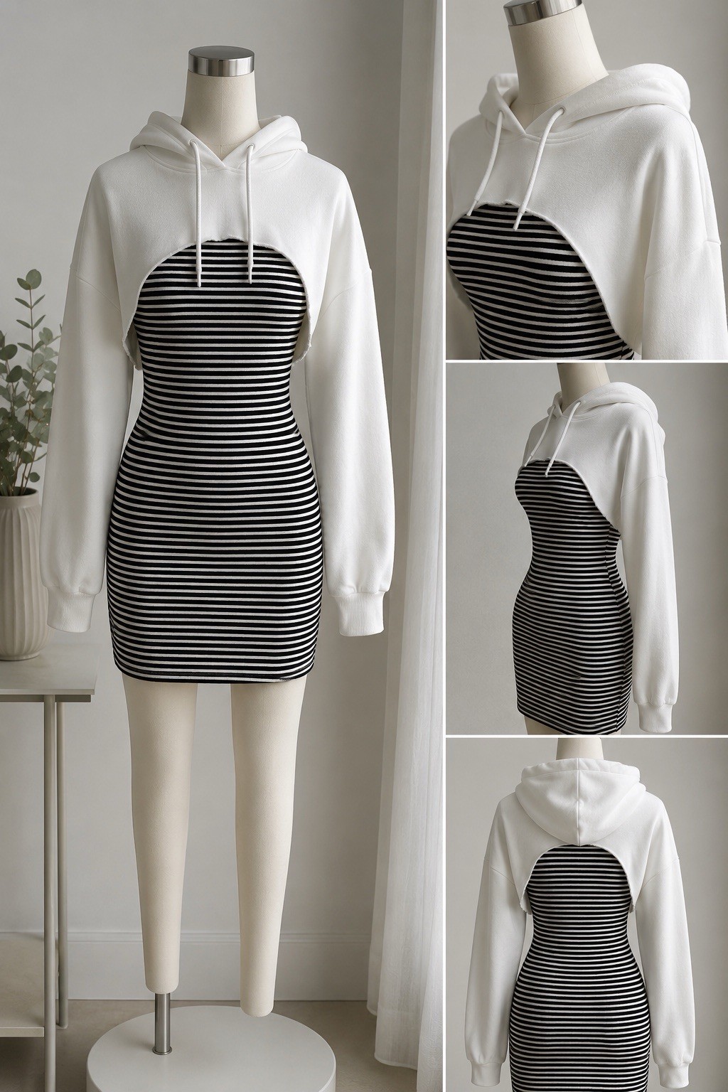 Mocha & Cream Striped Bodycon Mini Dress with Cropped Hoodie S
