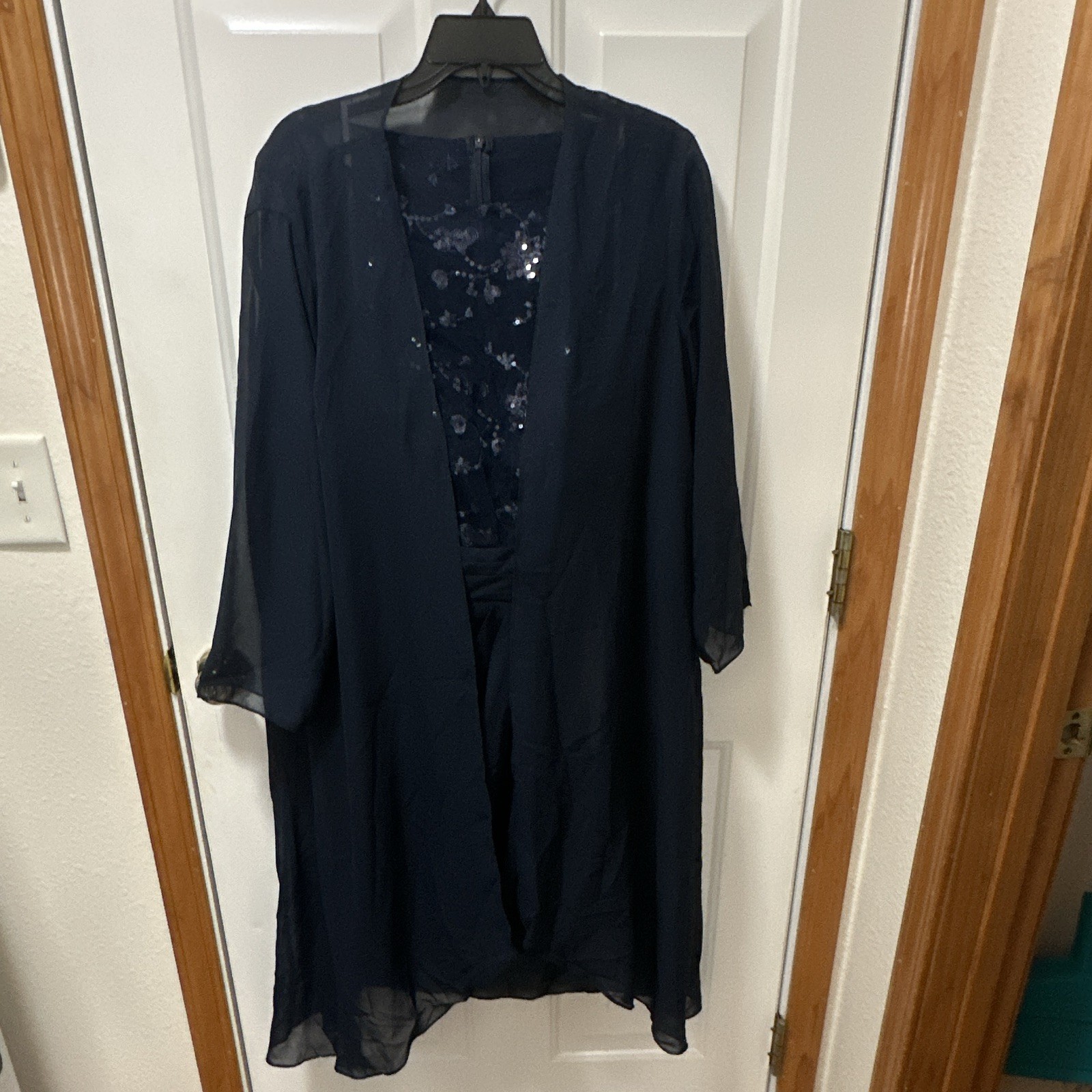 Blue Plus Size 16W Knee Length Chiffon Boat Neck Long Sleeve Sequin Dress