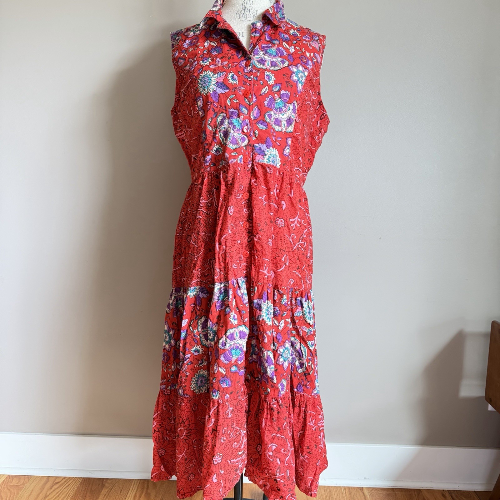 90s Red Floral Paisley Button Front Maxi Dress PL Peasant Boho Western Whimsy