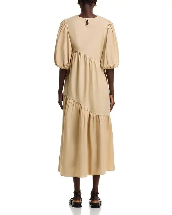 275$ THE LULO PROJECT Pleated Armenia Midi Dress 3/4 Sleeve Size S Camel Brown