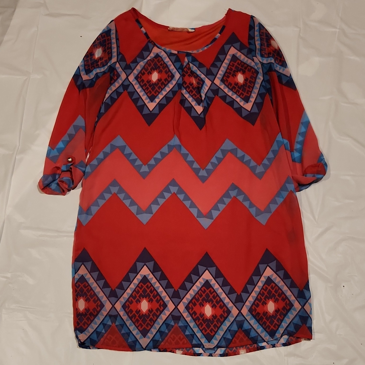 Peach Love California Red Blue Pink Chevron Shift Short Dress Women’s M