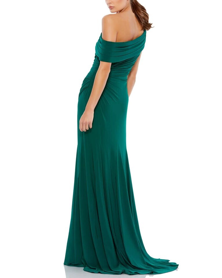 Mac Duggal Emerald Green Ruched One-Shoulder Trumpet Gown Size 12 $358