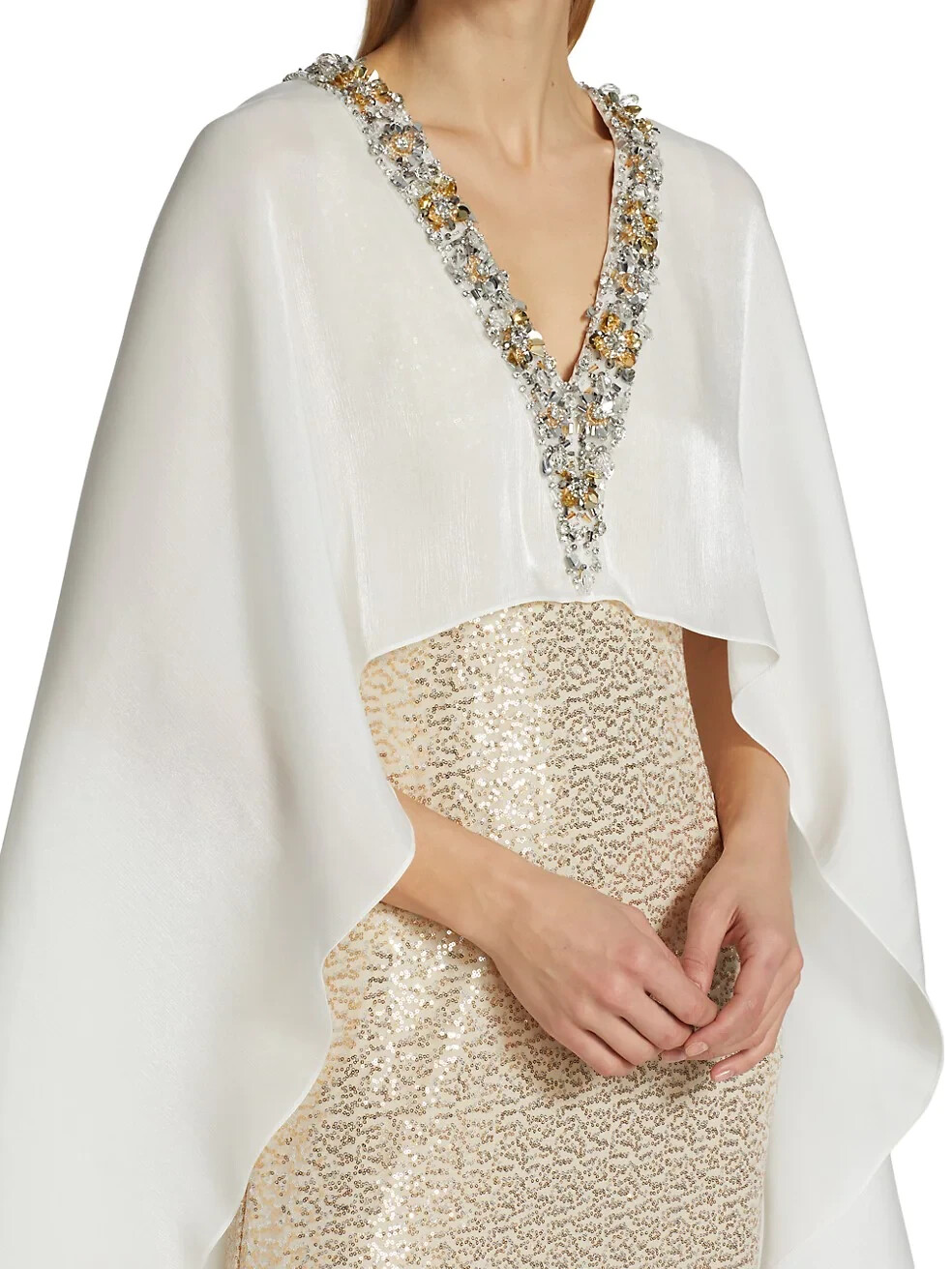 Badgley Mischka Sequined Cape Dress Gold sz 0 Modest $1300 NWT OSCAR GALA MOB