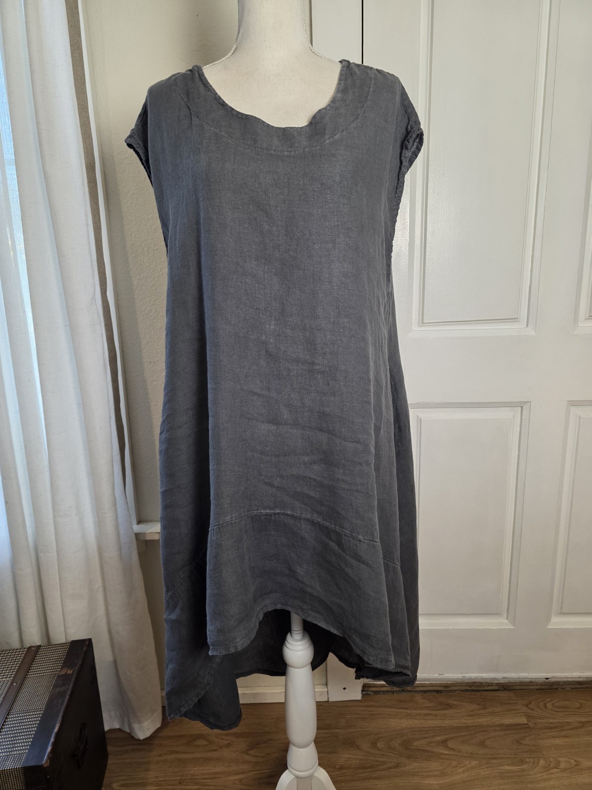 Meo Meli Linen Dress One Size Gray Cinch Back Midi Cap Sleeve Made In Italy