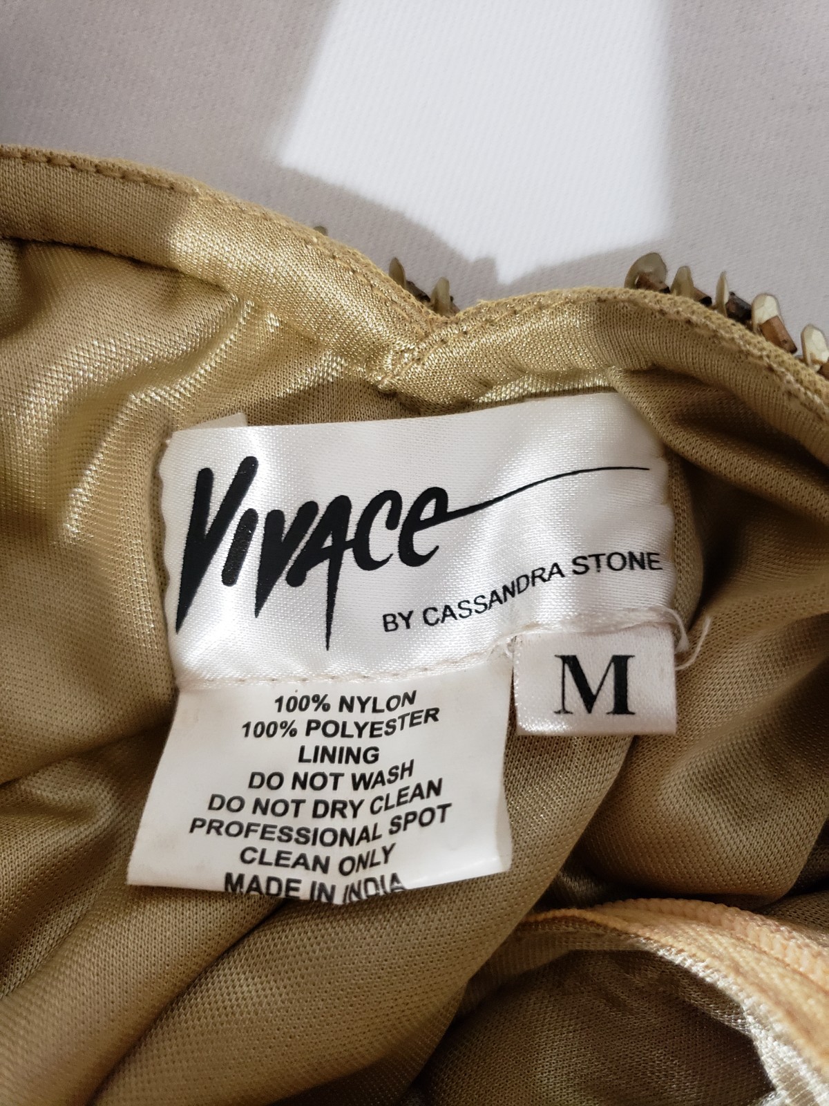 Vivace by Cassandra Stone Gold Sequin Long Dress size M Front Slit Sleeveless *