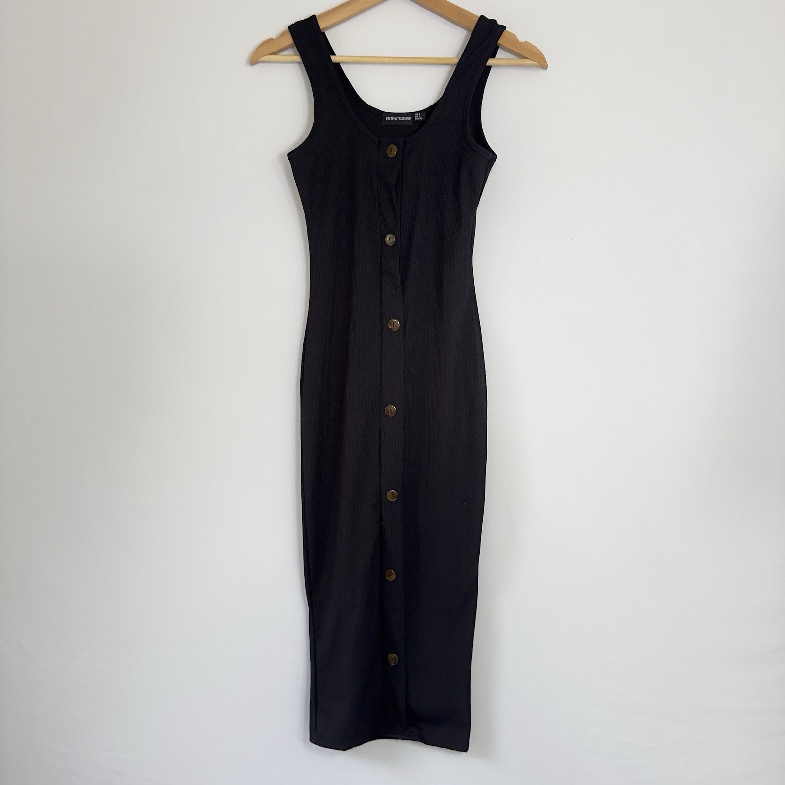 PrettyLittleThing UK 6 US 2 Black Ribbed Button Front Bodycon Maxi Dress